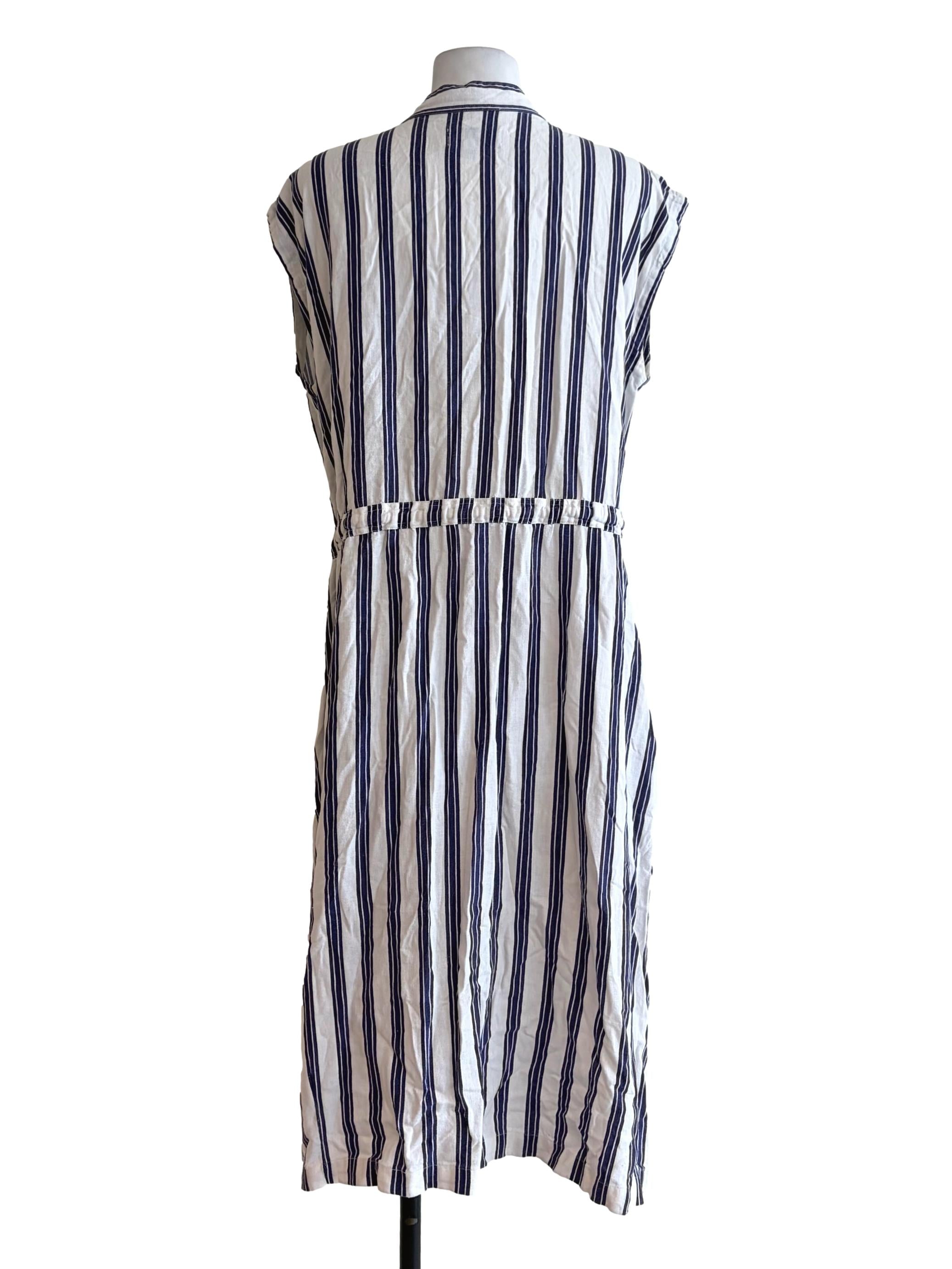 Paper White Blue Stripes Button Down Short Sleeves Dress