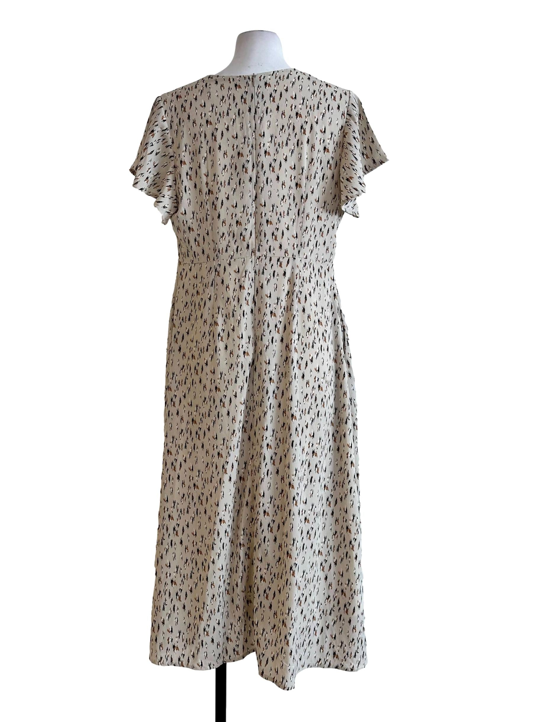 Beige Abstract Printed  V Neckline Dress