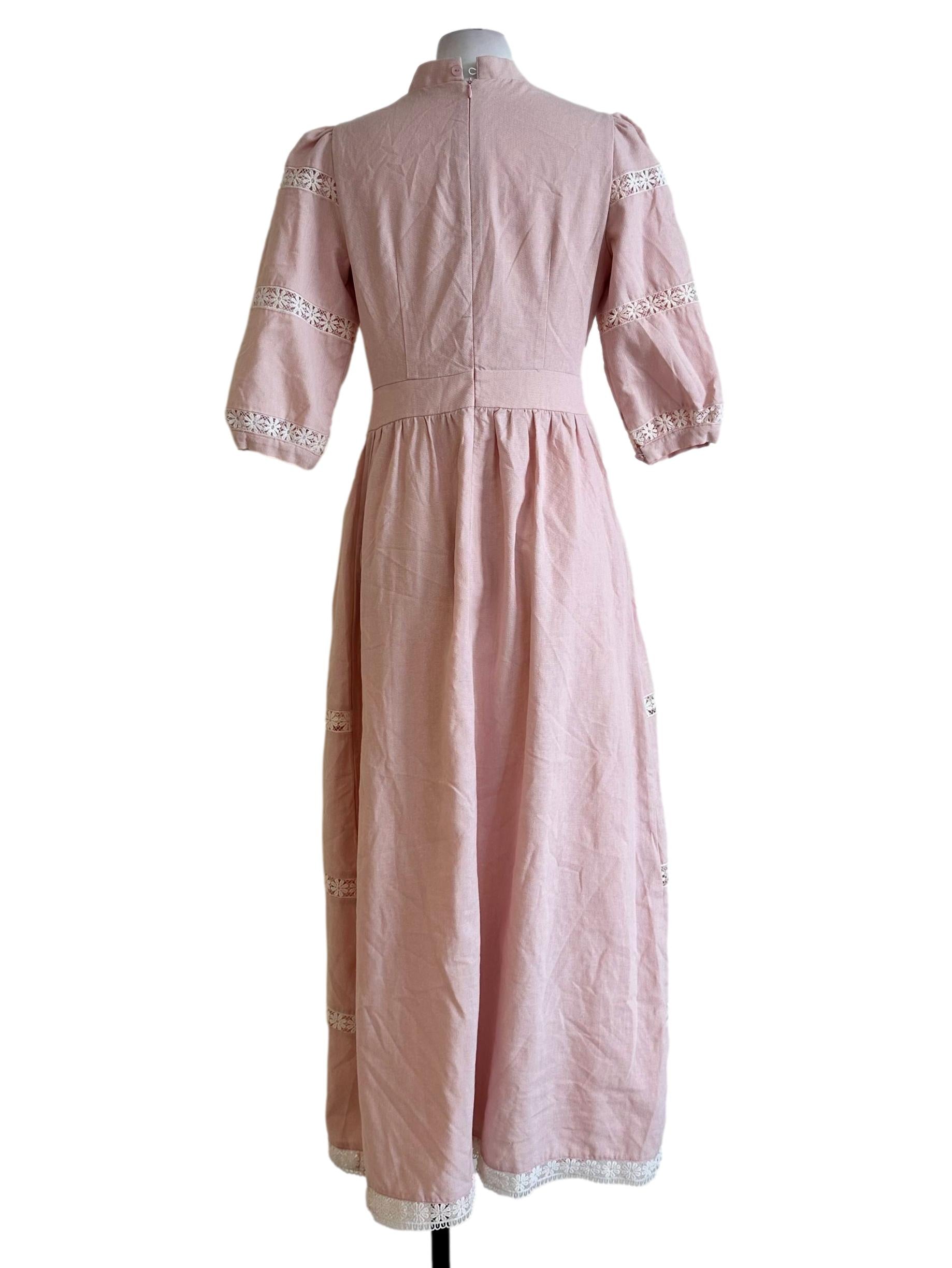 Rose Pink Flower Embroidered Maxi Dress