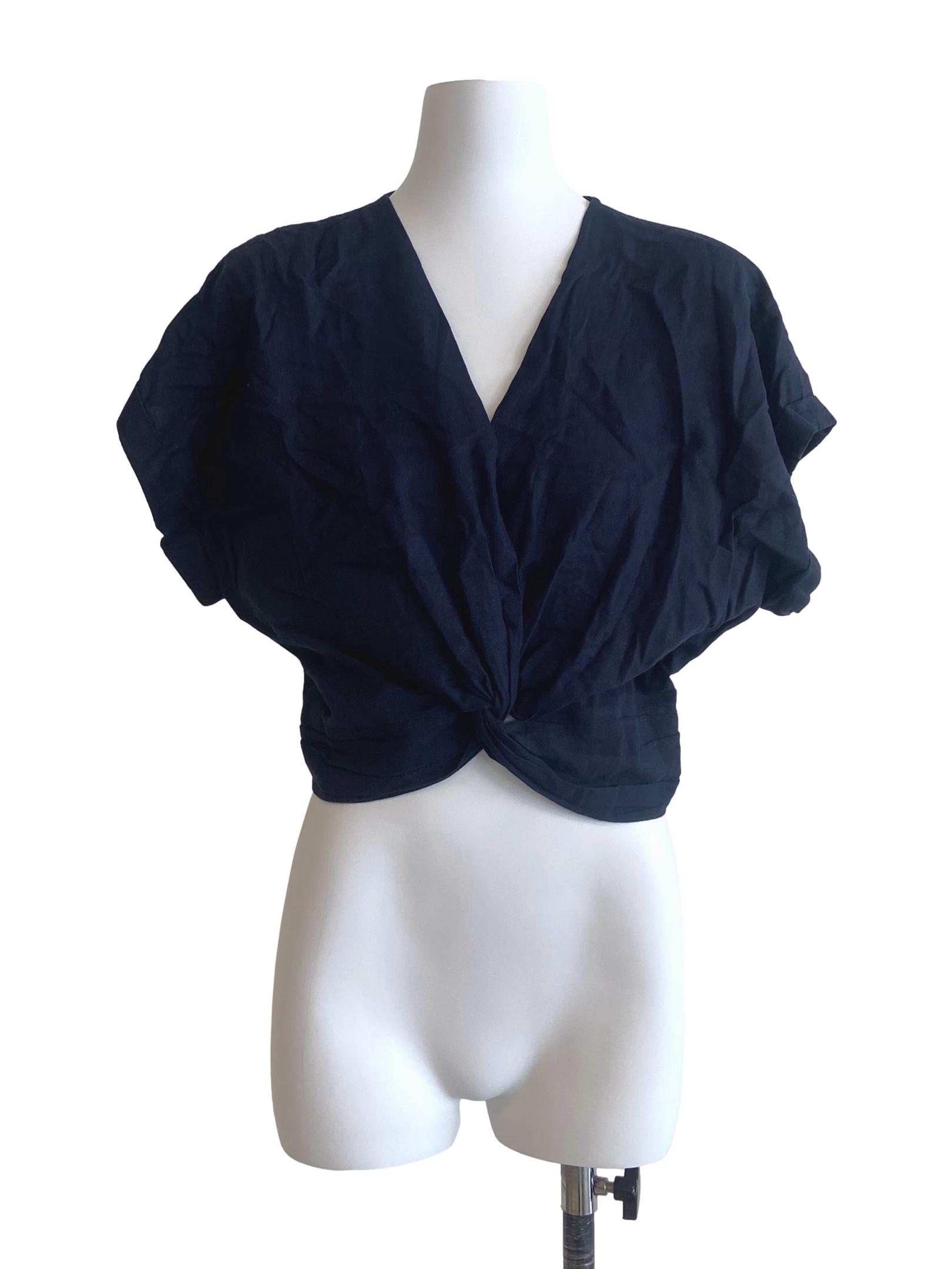 Navy Blue Batwing Sleeve V-Neck Crop Top LB