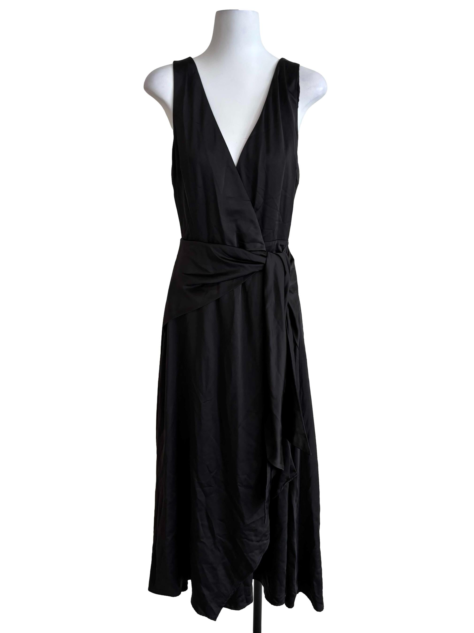 Onyx Black Satin Wrap Dress