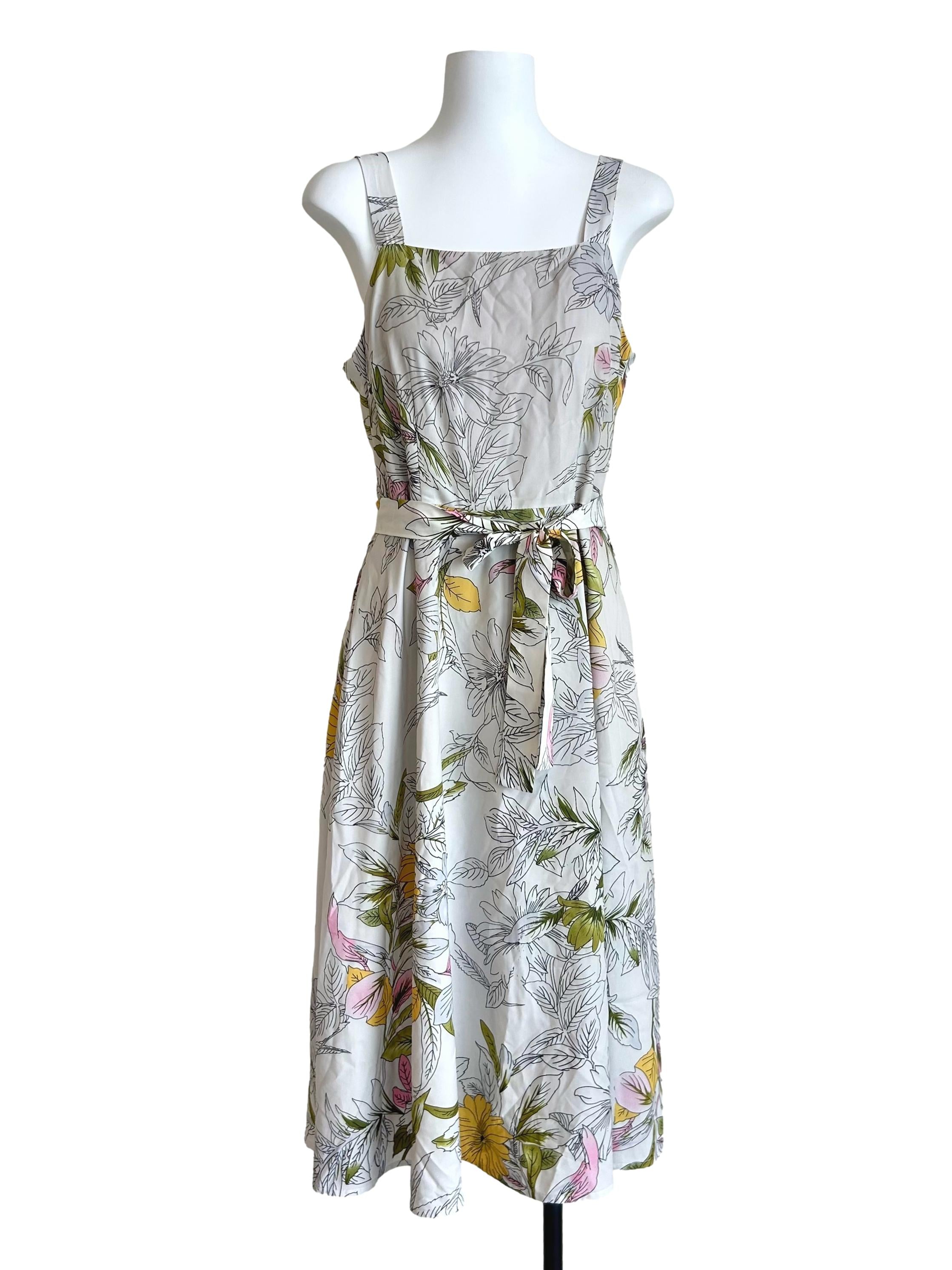 White Floral Sketch Tie-Strap Dress