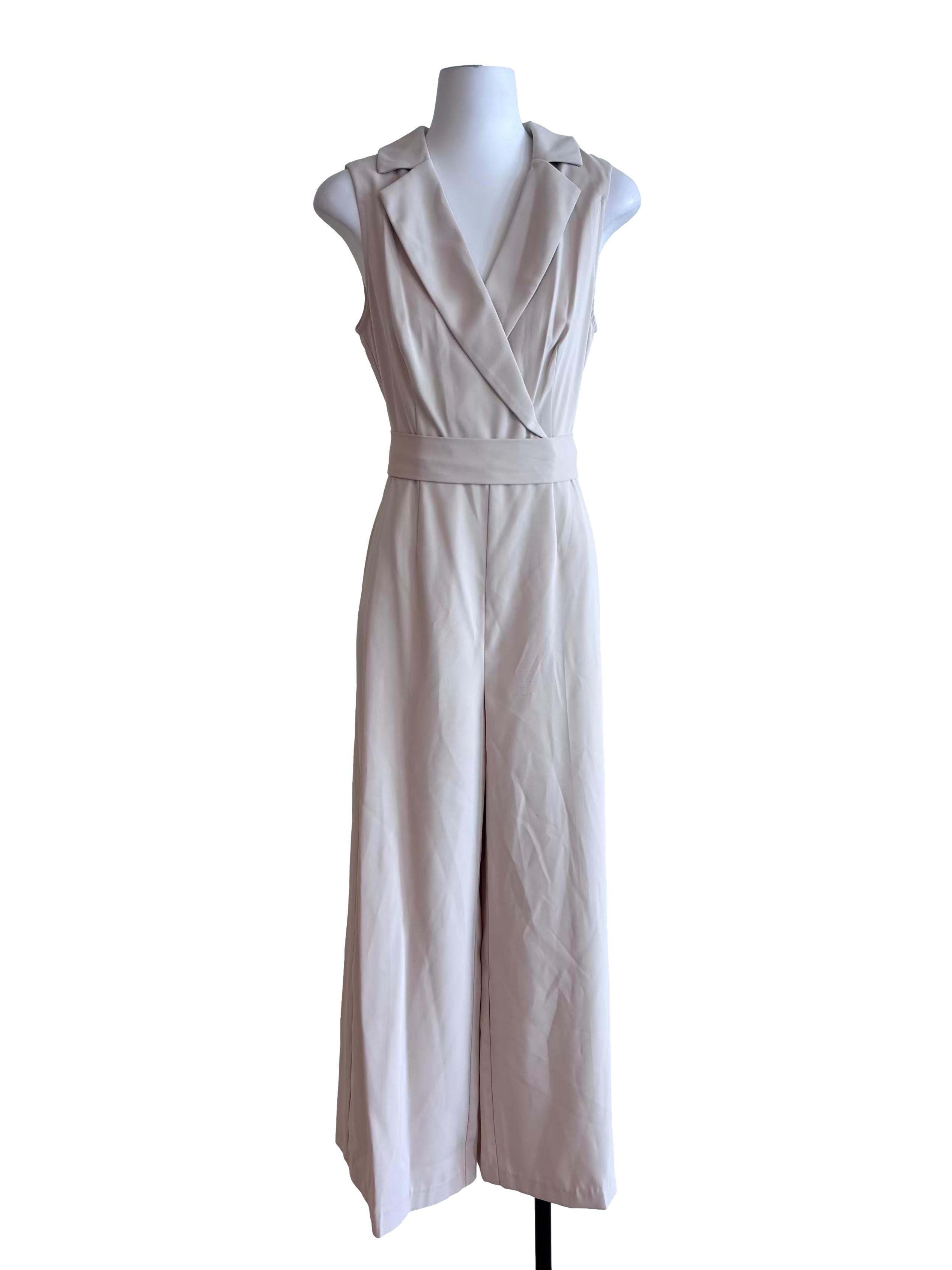 Nude Beige Collared Sleeveless Jumpsuit