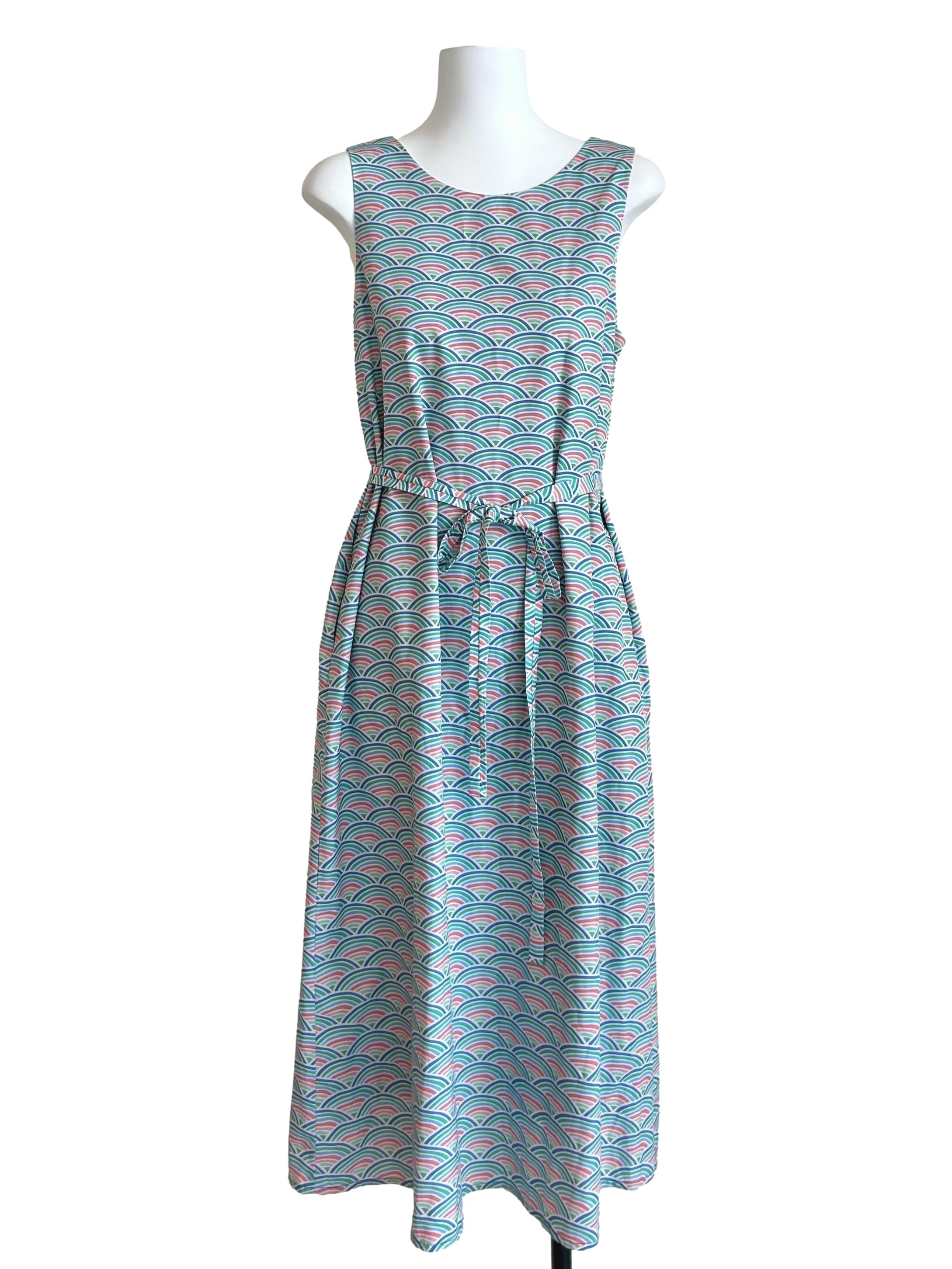 Multi-Color Wave-Print Sleeveless Midi Dress