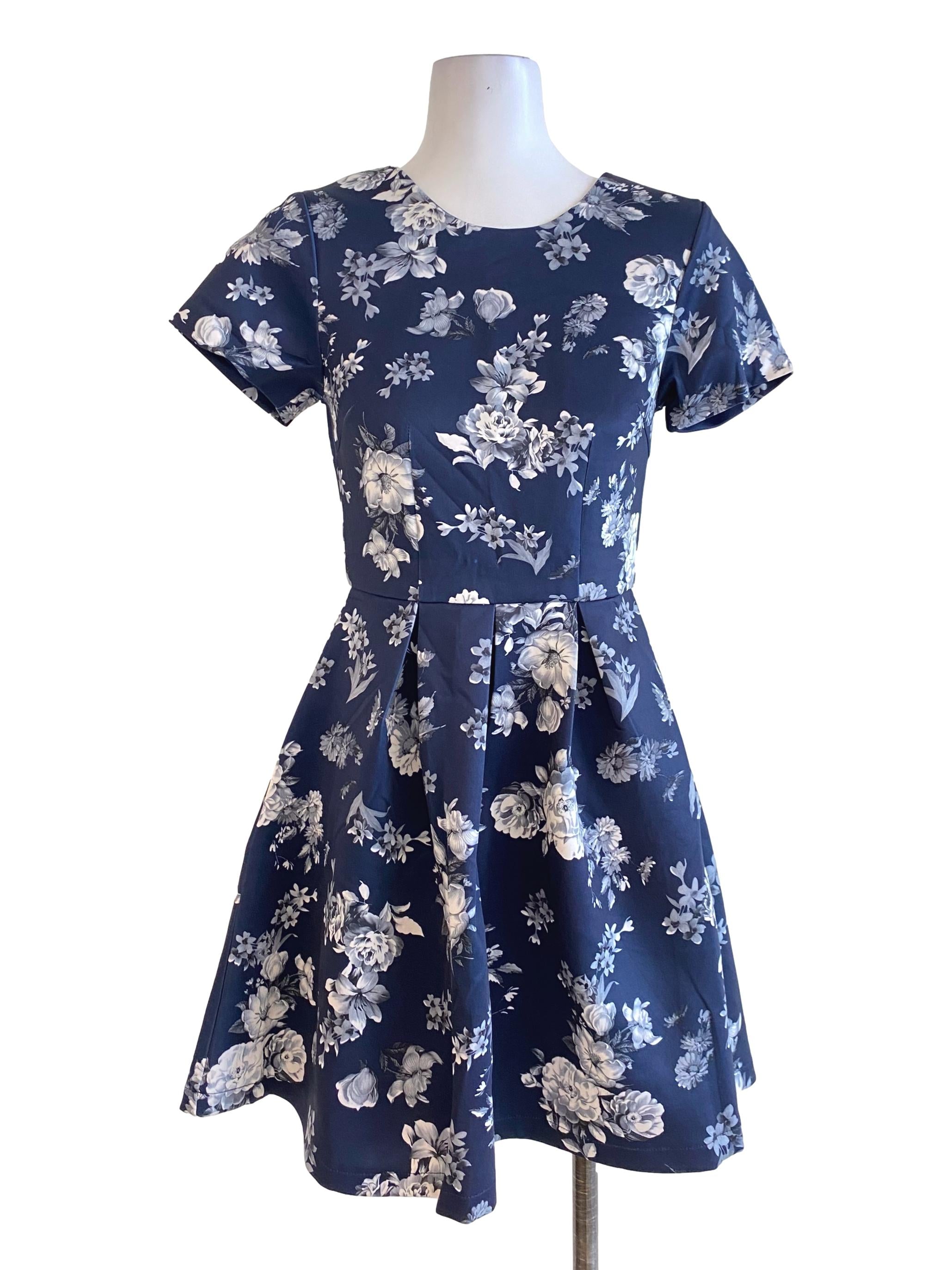 Navy Blue White Floral Empire Mini Dress