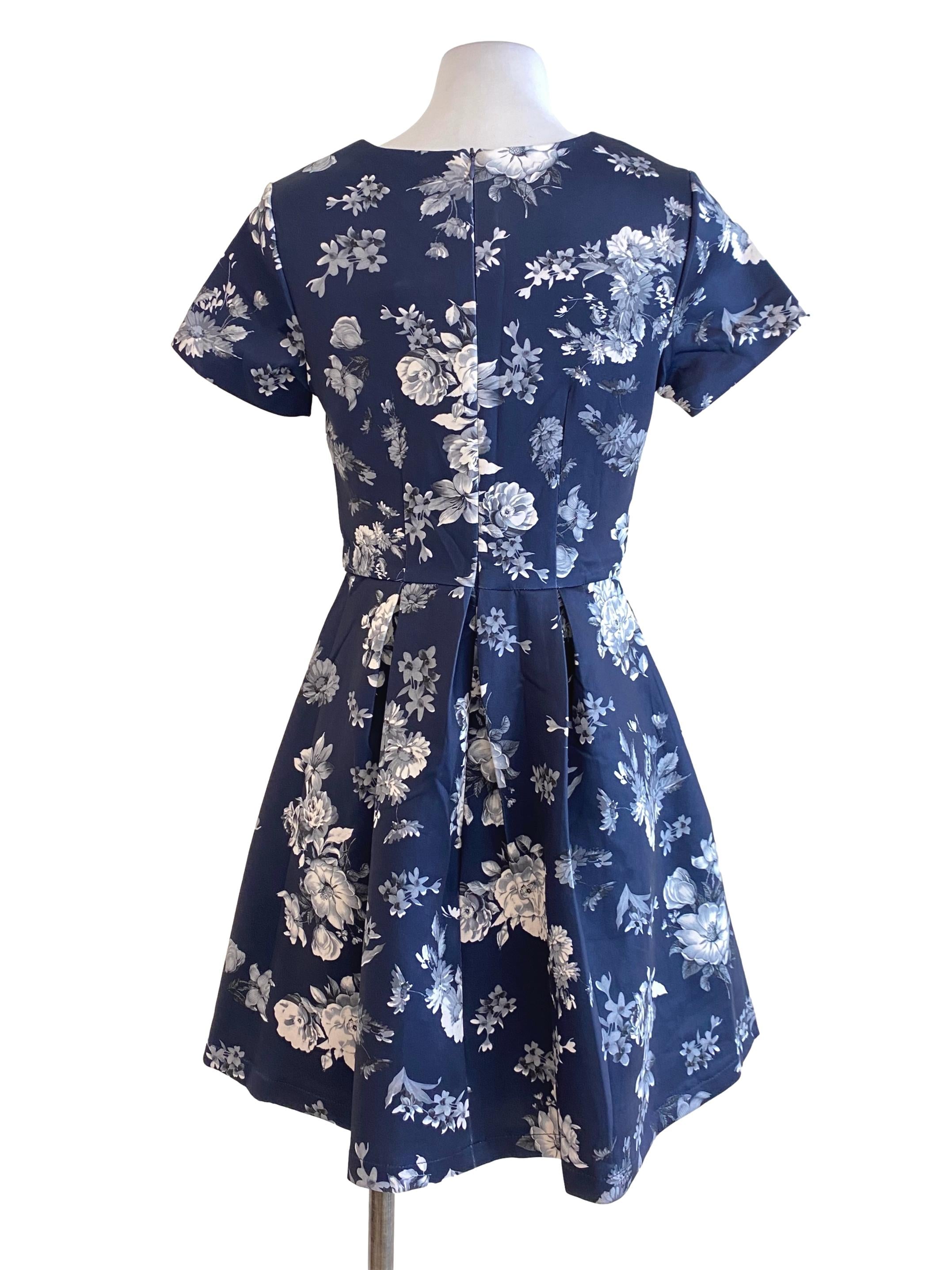 Navy Blue White Floral Empire Mini Dress