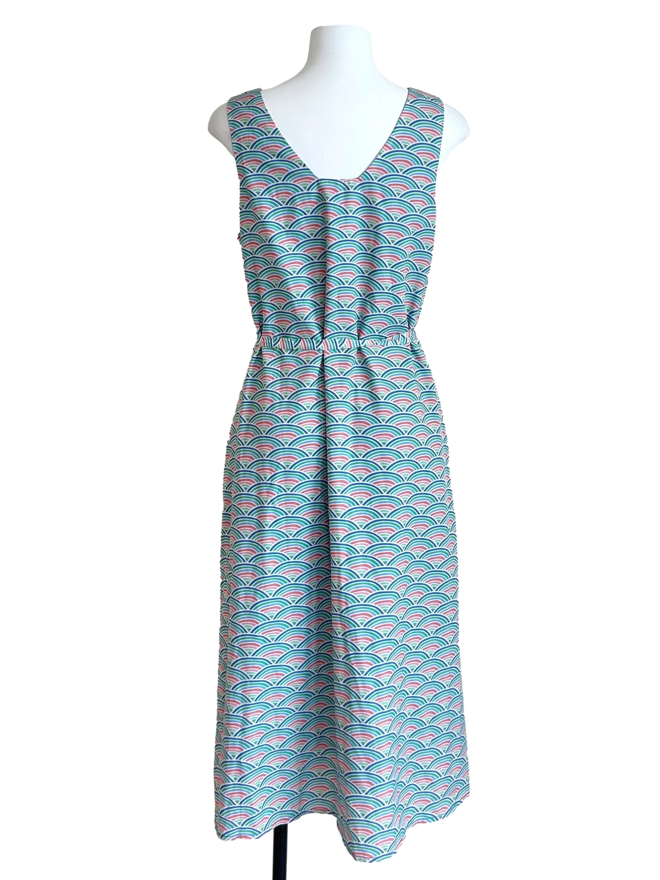 Multi-Color Wave-Print Sleeveless Midi Dress