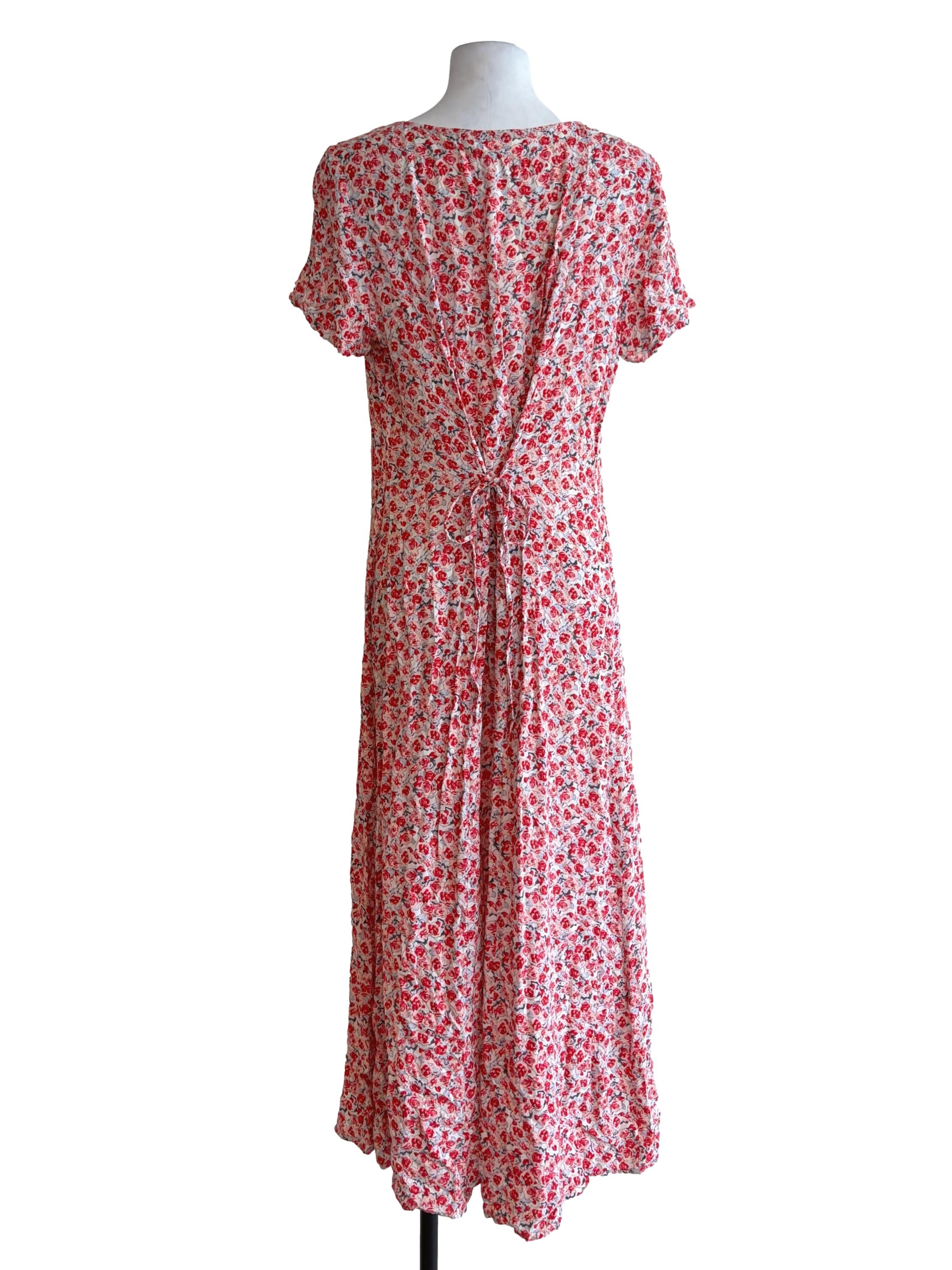 Dove White Red Flower Details Short Sleeve Dress
