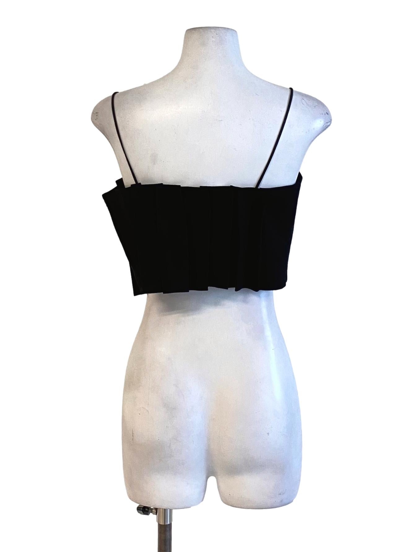 Ebony Black Ruffle Pleated Spaghetti Strap Waisted Cropped Top LB