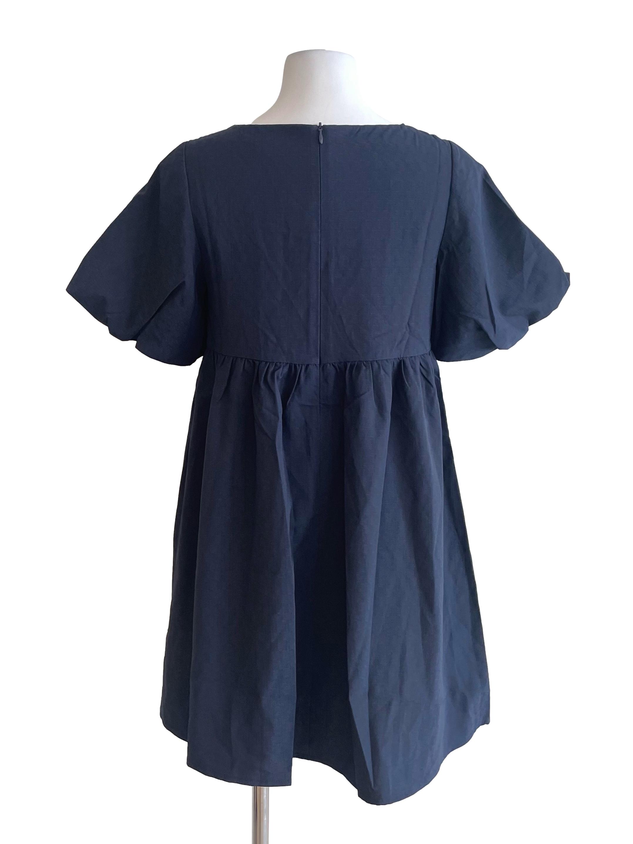 Dark Denim Puff Sleeves Babydoll Dress