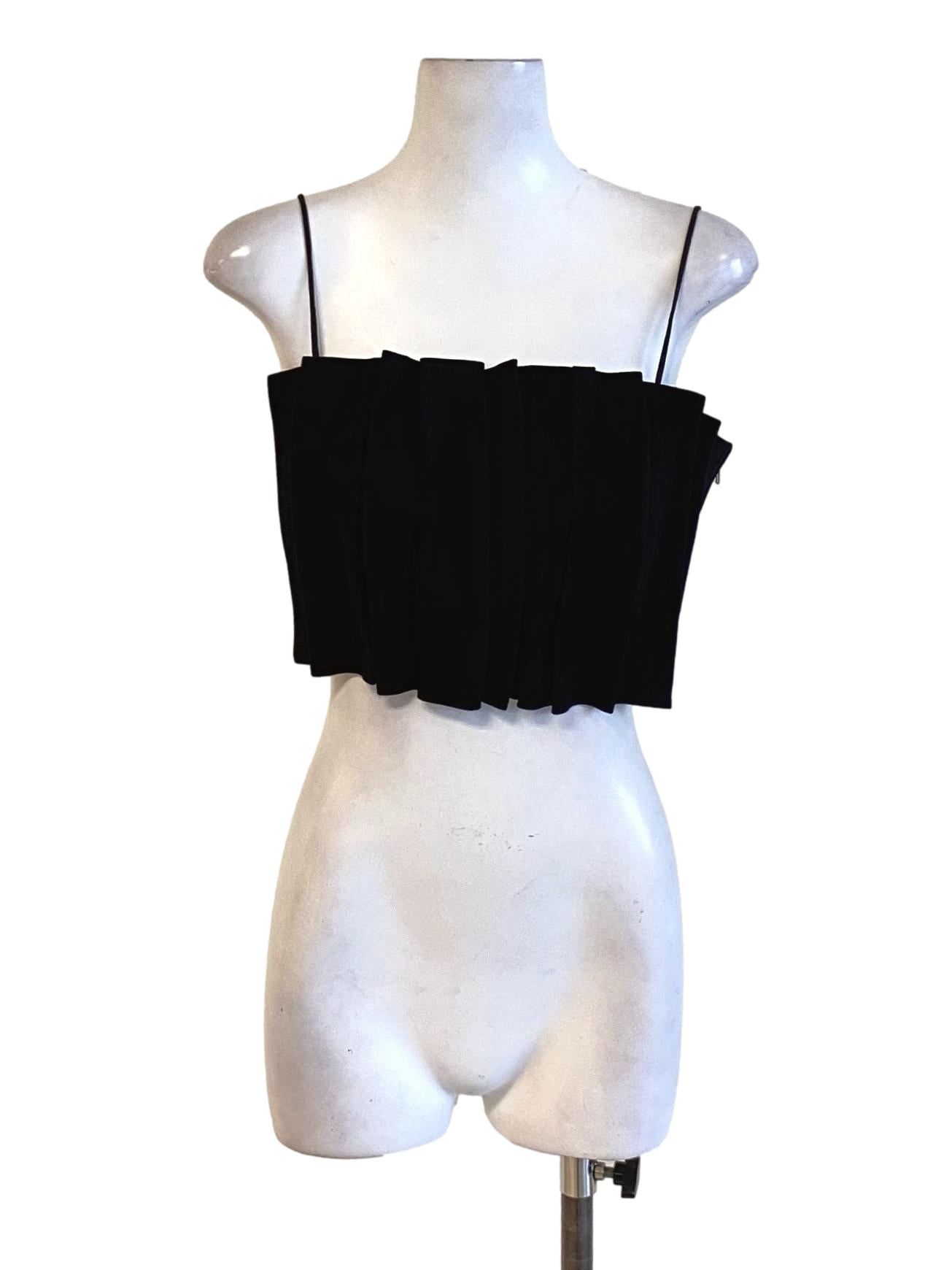 Ebony Black Ruffle Pleated Spaghetti Strap Waisted Cropped Top LB