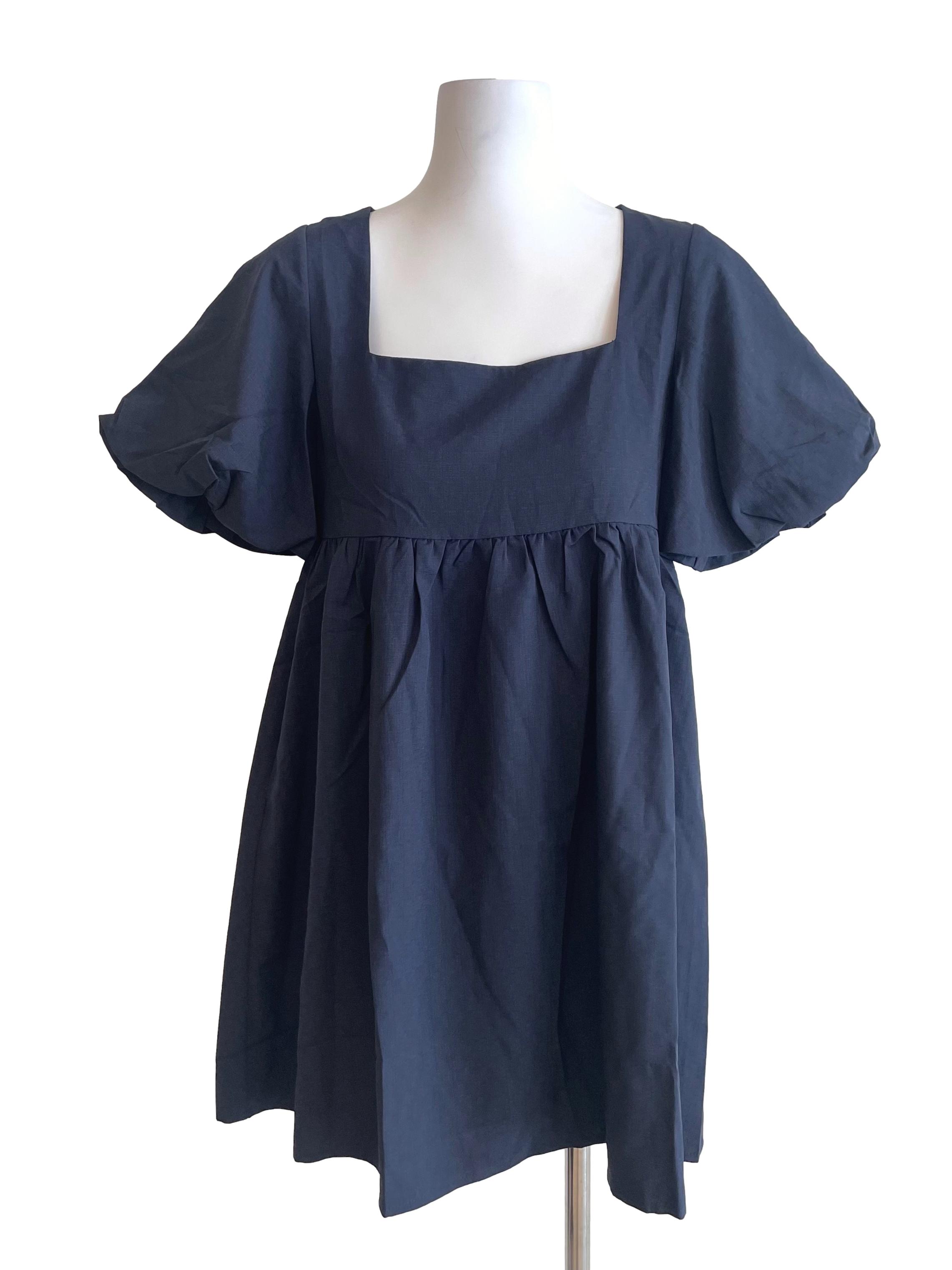 Dark Denim Puff Sleeves Babydoll Dress