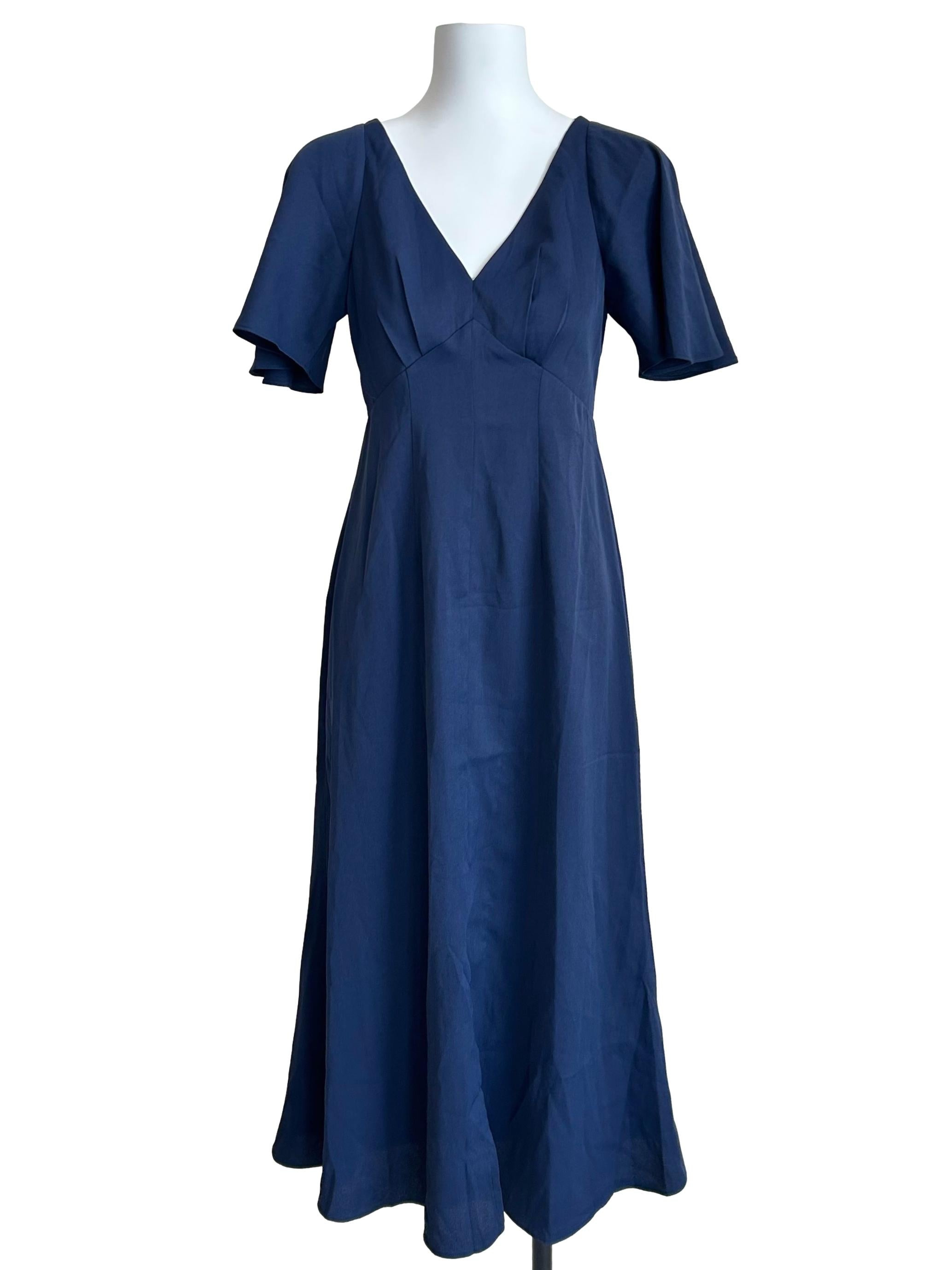 Berry Blue V-Neck Flutter-Sleeve Midi Dress