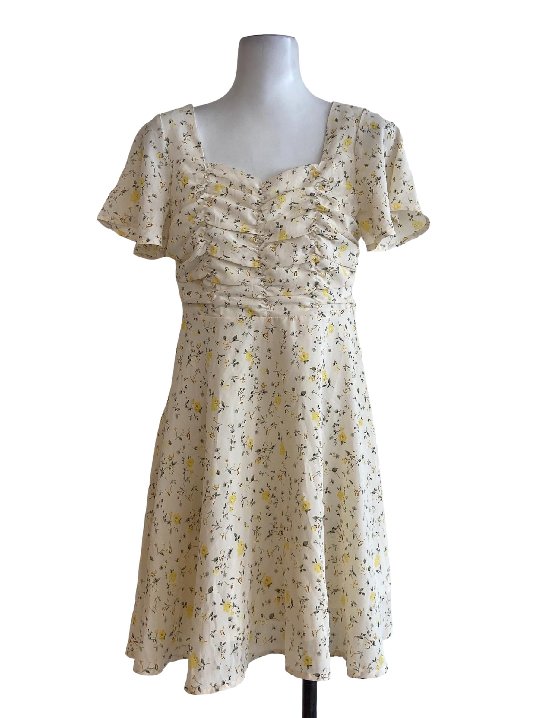 Cream White Floral A-Line Dress