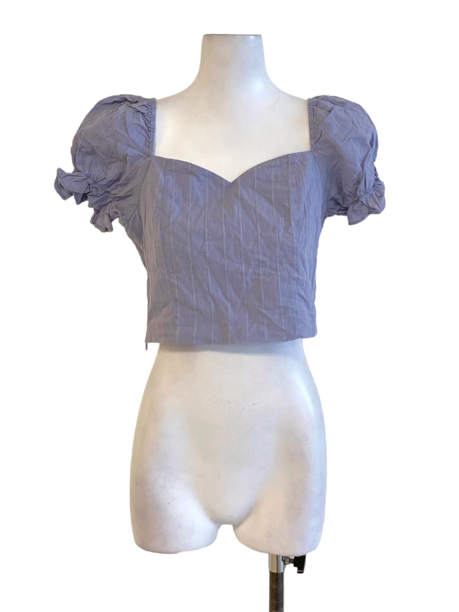 Dark Pastel Purple Embroidered Poet Sleeve Cropped Top