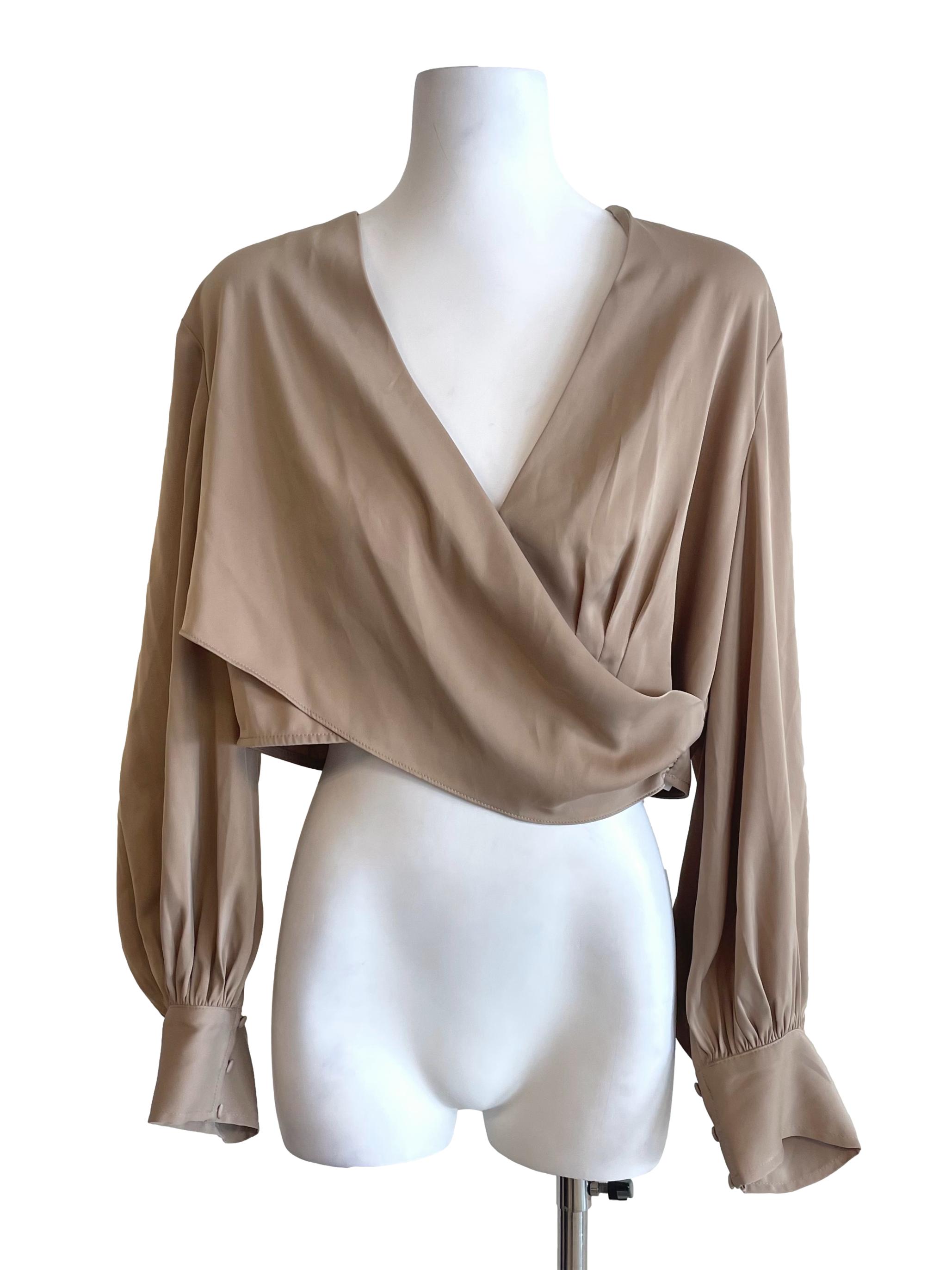 Beige Bishop Sleeves Satin Blouse LB