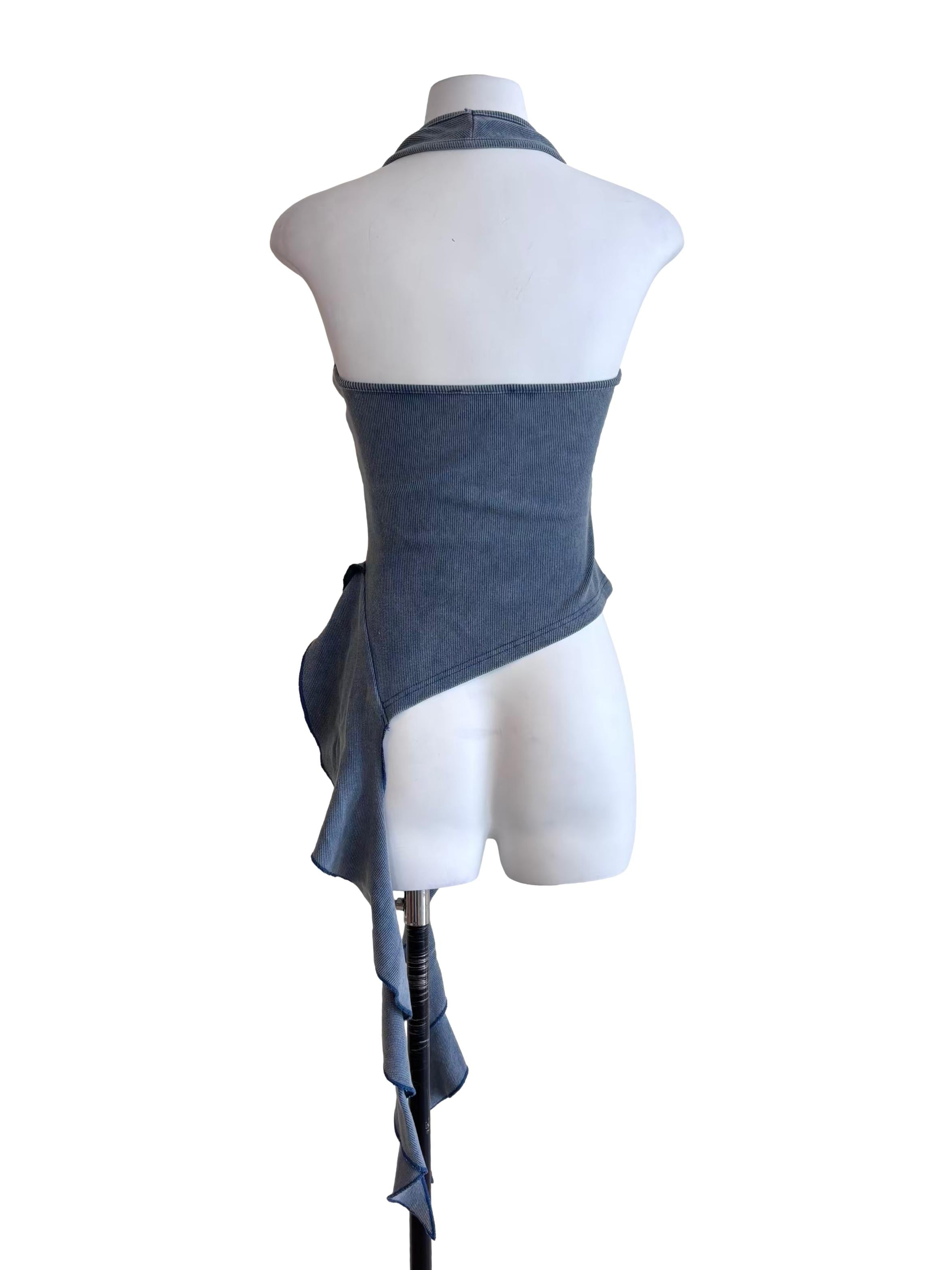Washed Denim Blue Ruffle Drape Halter Top