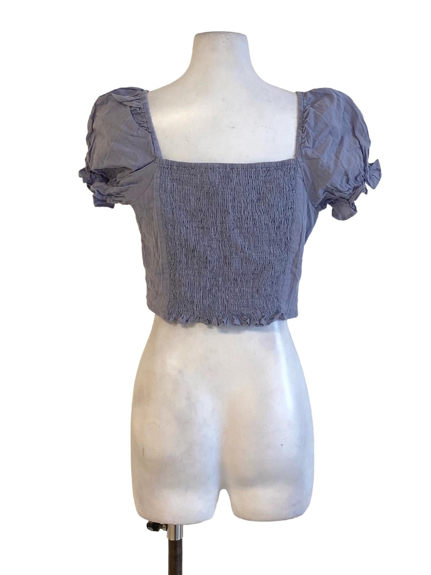 Dark Pastel Purple Embroidered Poet Sleeve Cropped Top