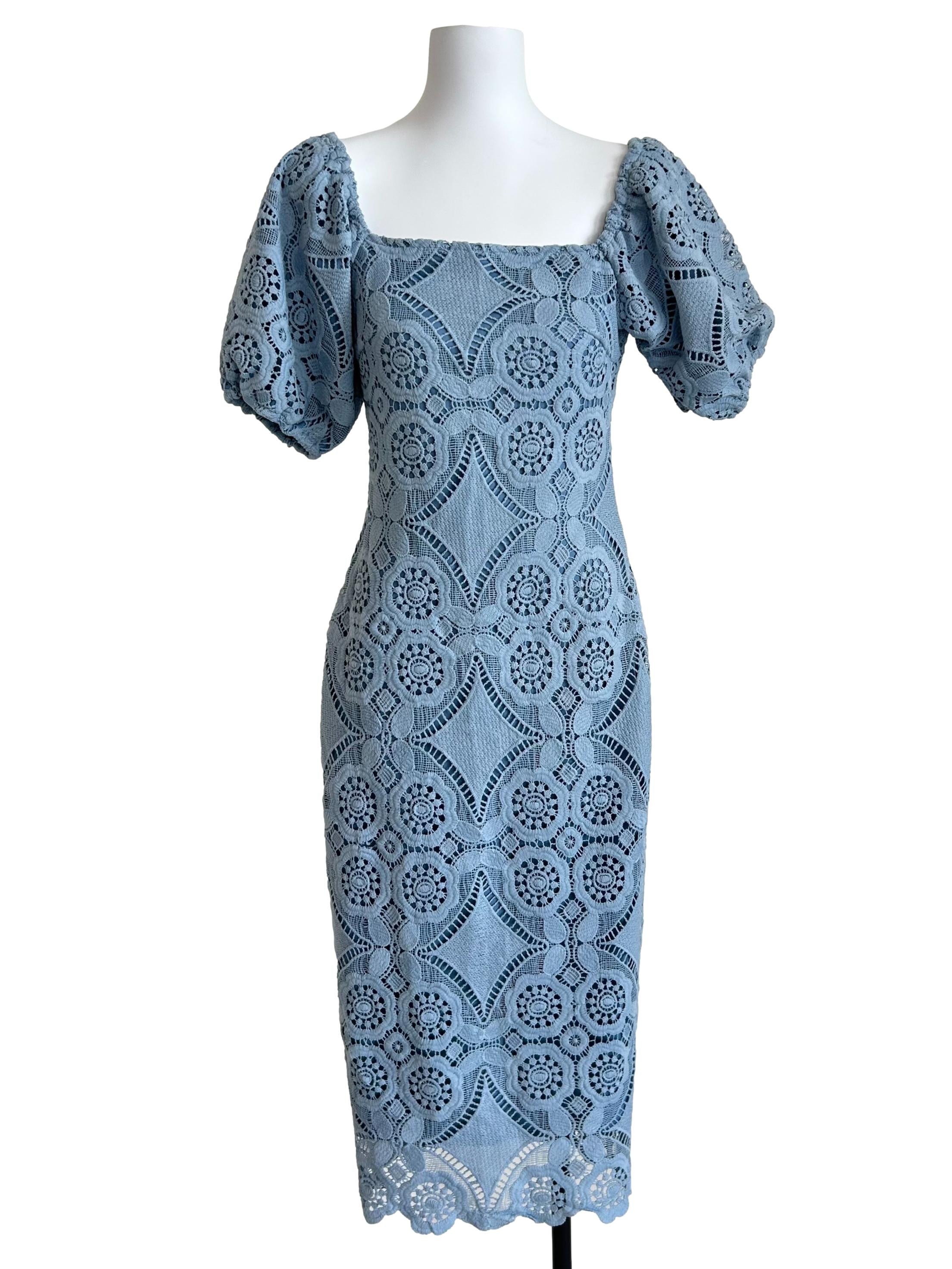 Sky Blue Geometric Lace Puff-Sleeve Dress