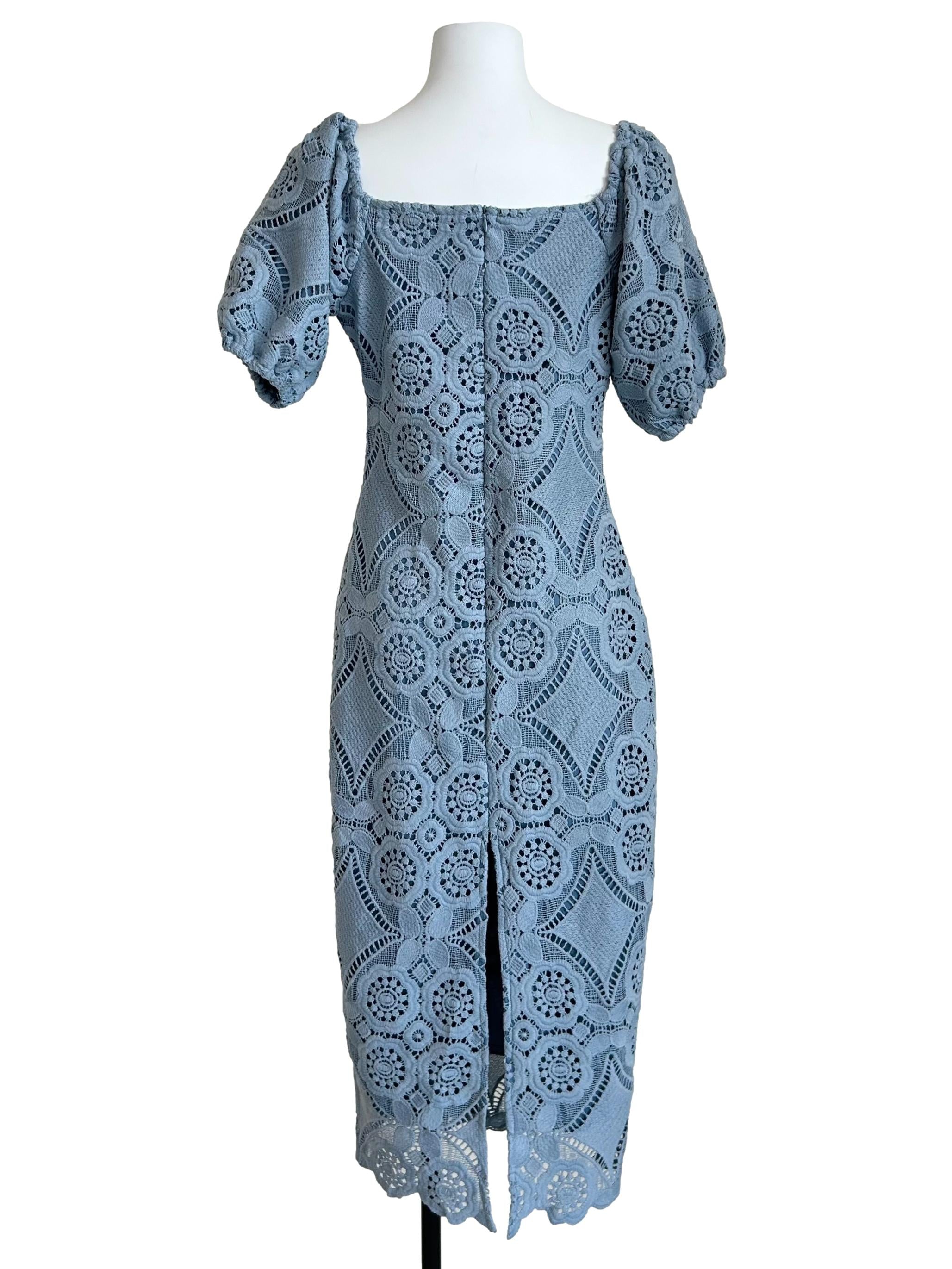 Sky Blue Geometric Lace Puff-Sleeve Dress