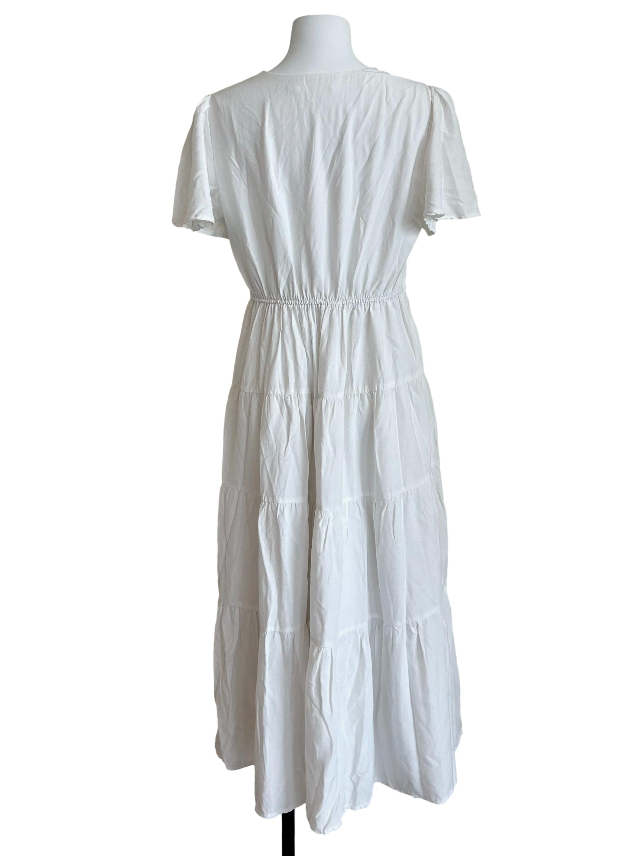 White V-Neck Tiered Flutter-Sleeve Dress