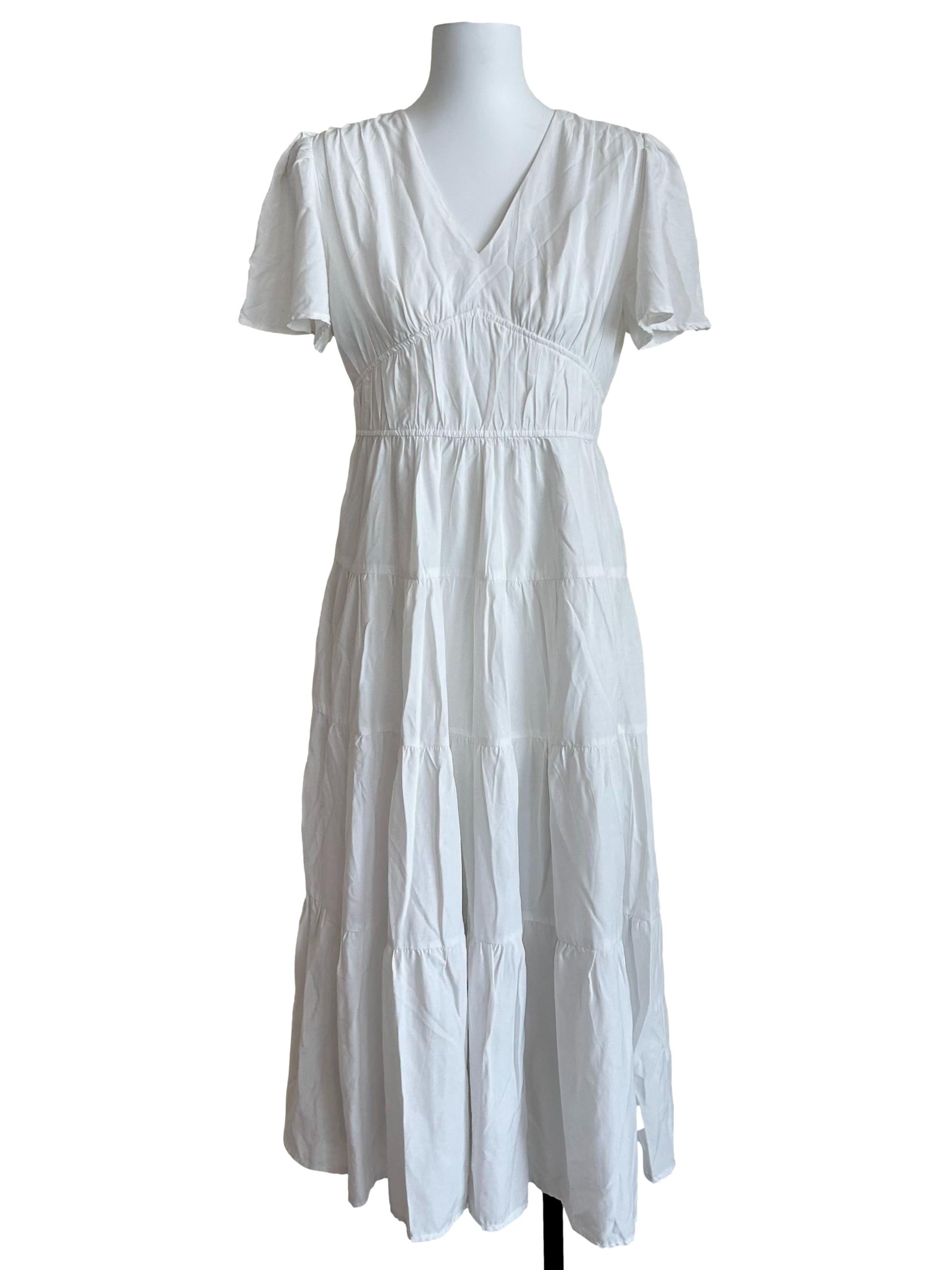White V-Neck Tiered Flutter-Sleeve Dress