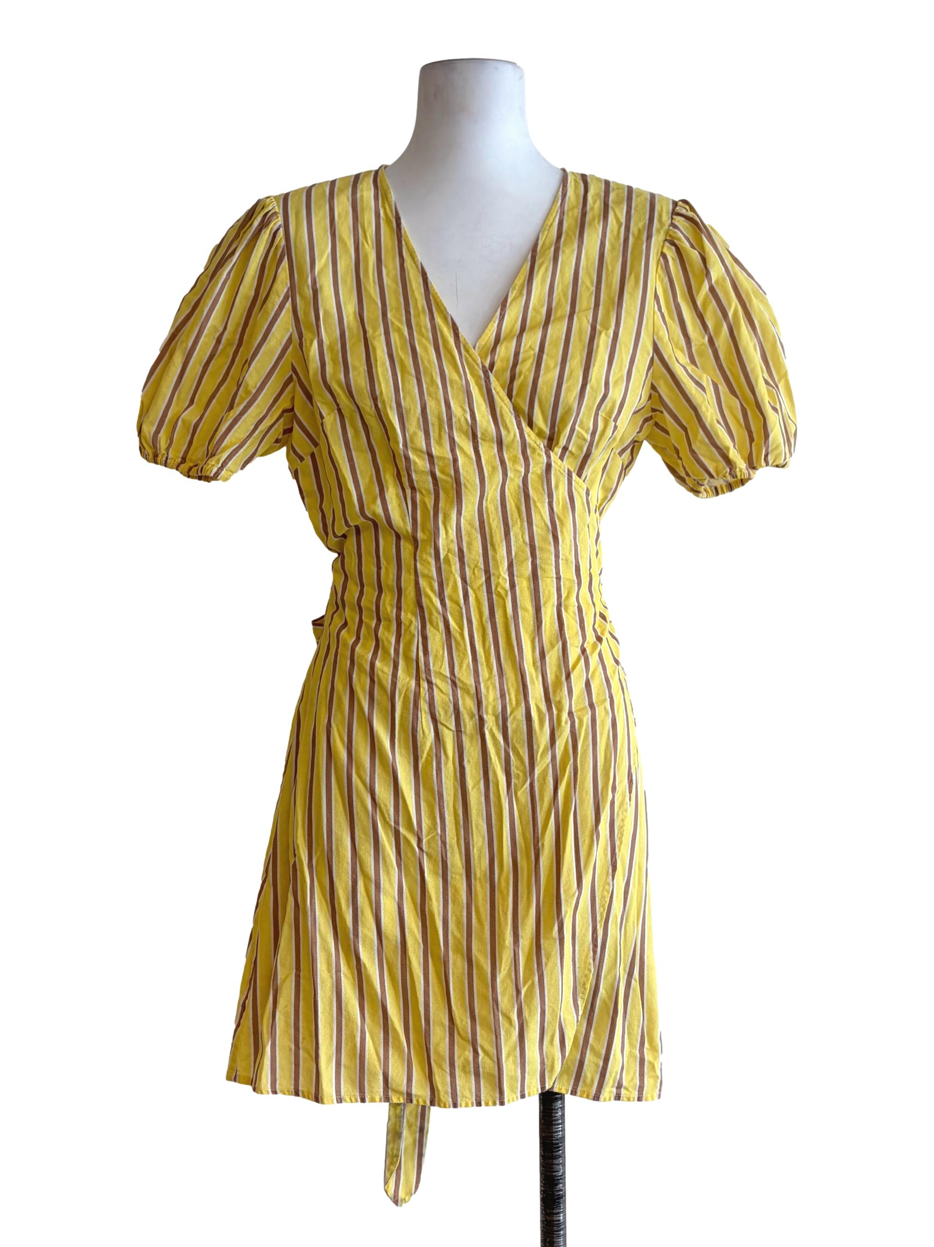 Lemon Yellow Brown Stripes Puffy Sleeve Dress