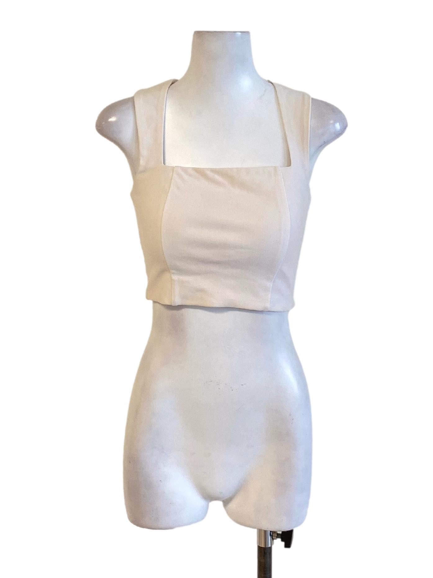 Beige White Square Neck Padded Fit Cropped Top