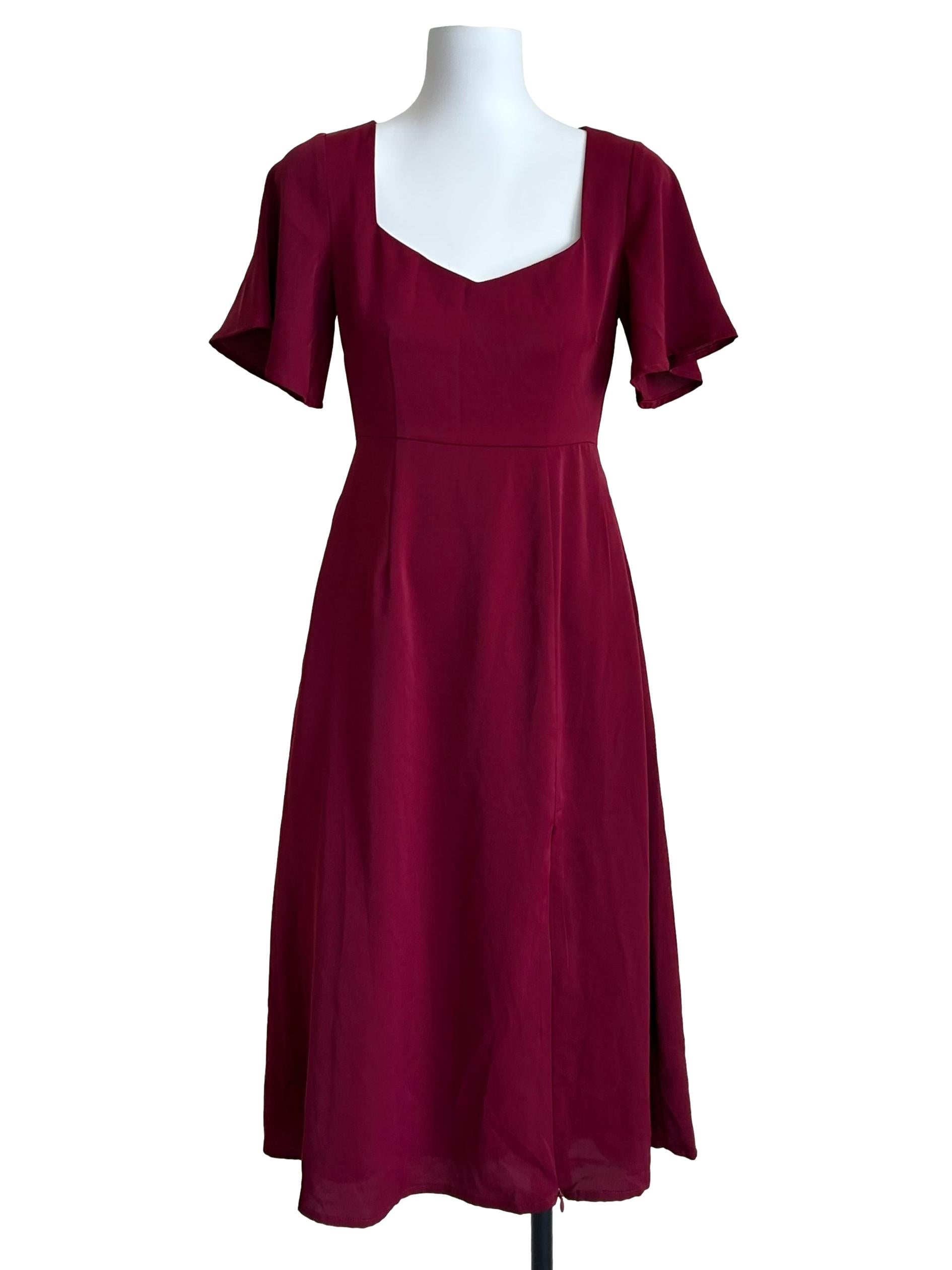 Maroon Sweetheart Flutter-Sleeve Dress