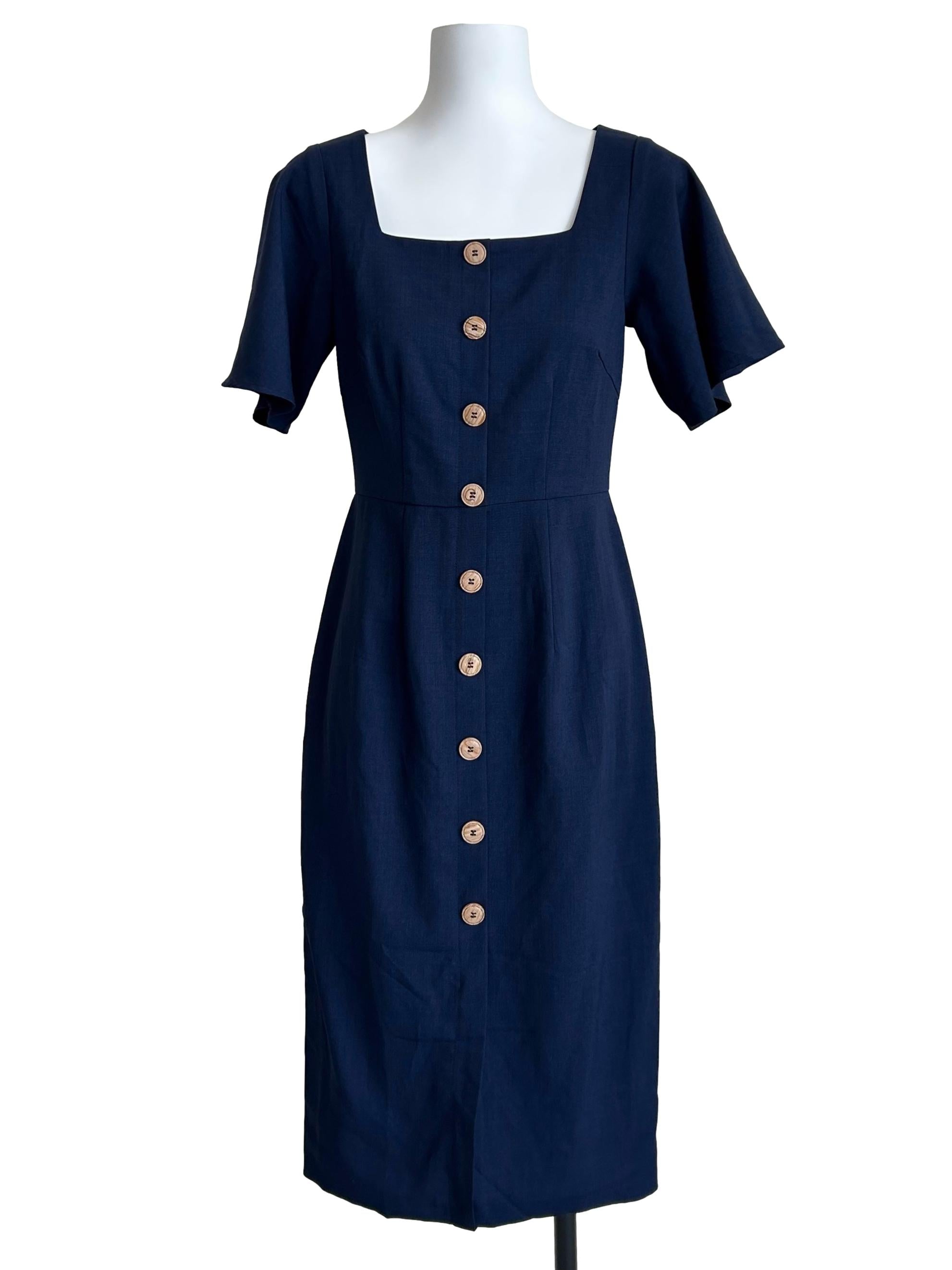 Navy Blue Square-Neck Button-Front Dress
