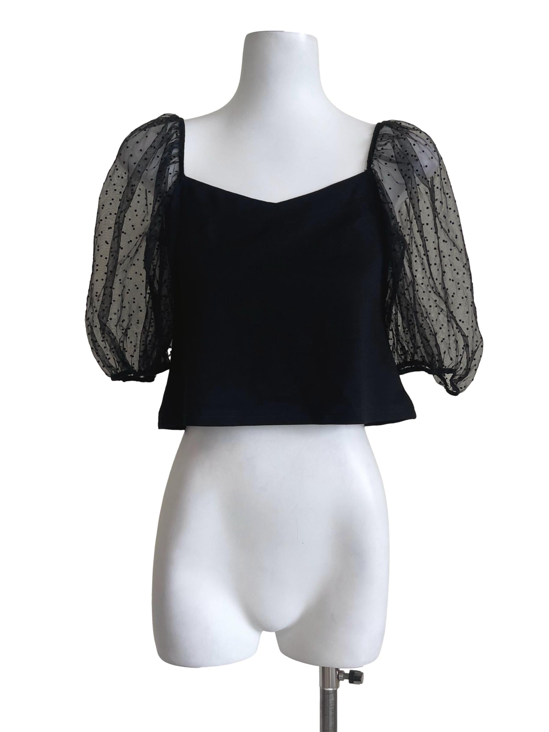 Black Translucent Sleeve Polkadot Top