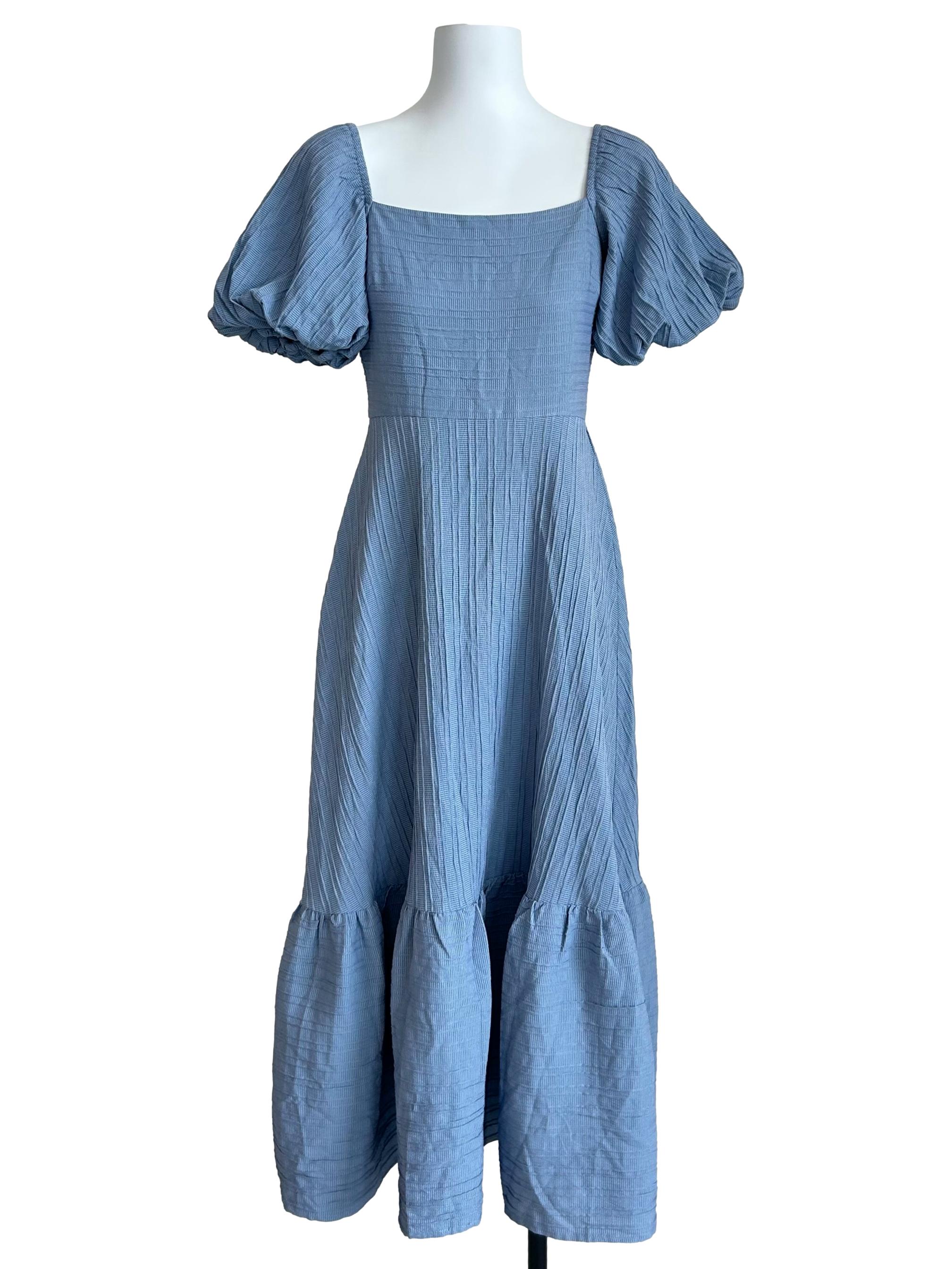 Sky Blue Textured Puff-Sleeve Tiered Dress