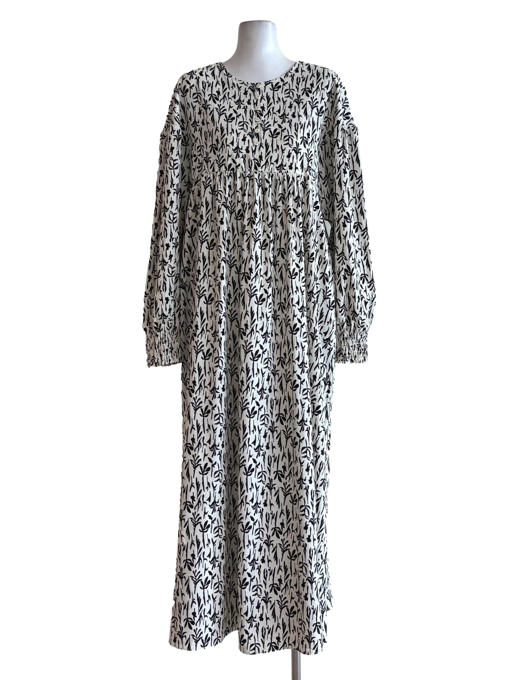 White Long Sleeve Leaf Print Dress