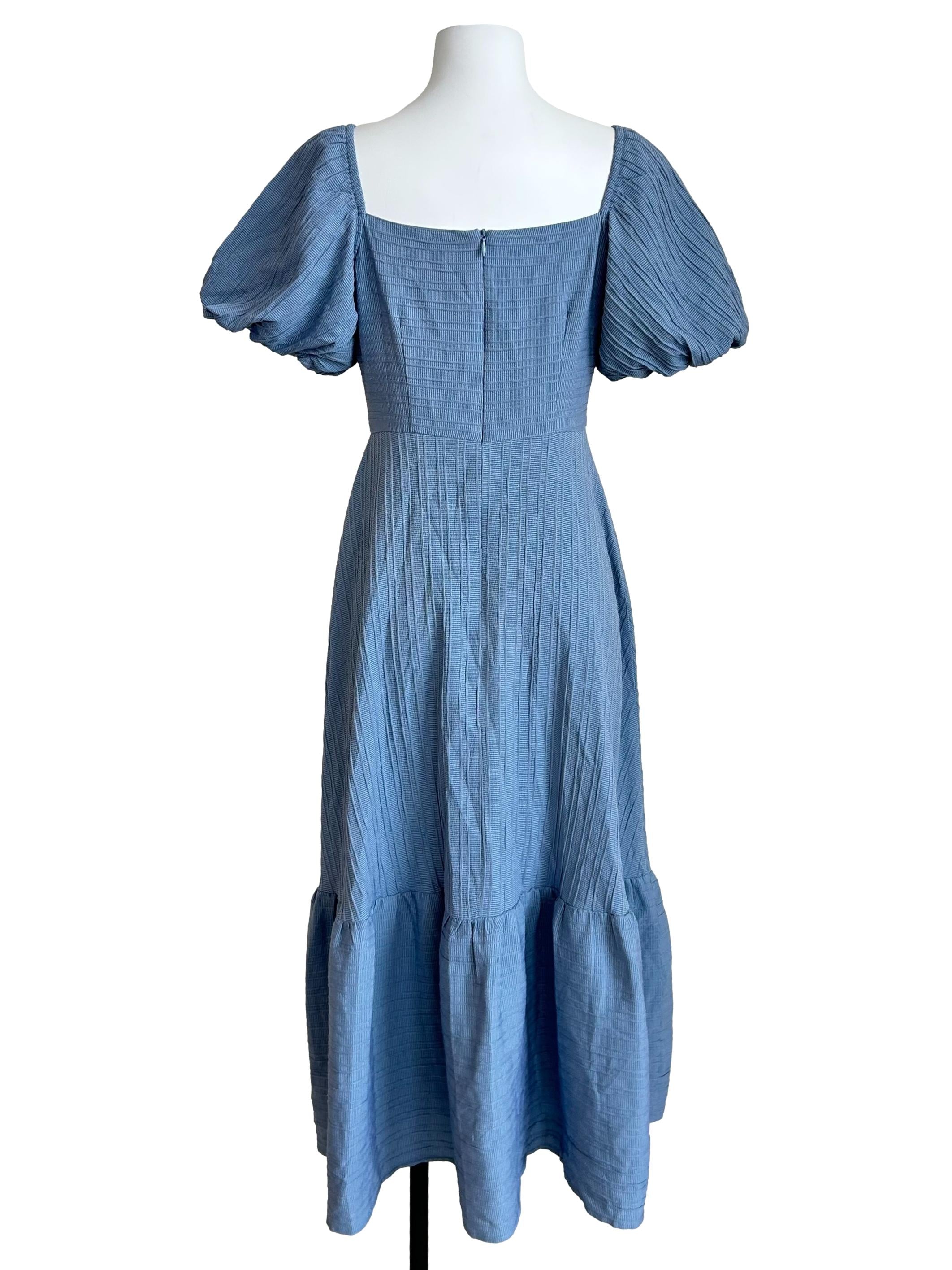 Sky Blue Textured Puff-Sleeve Tiered Dress
