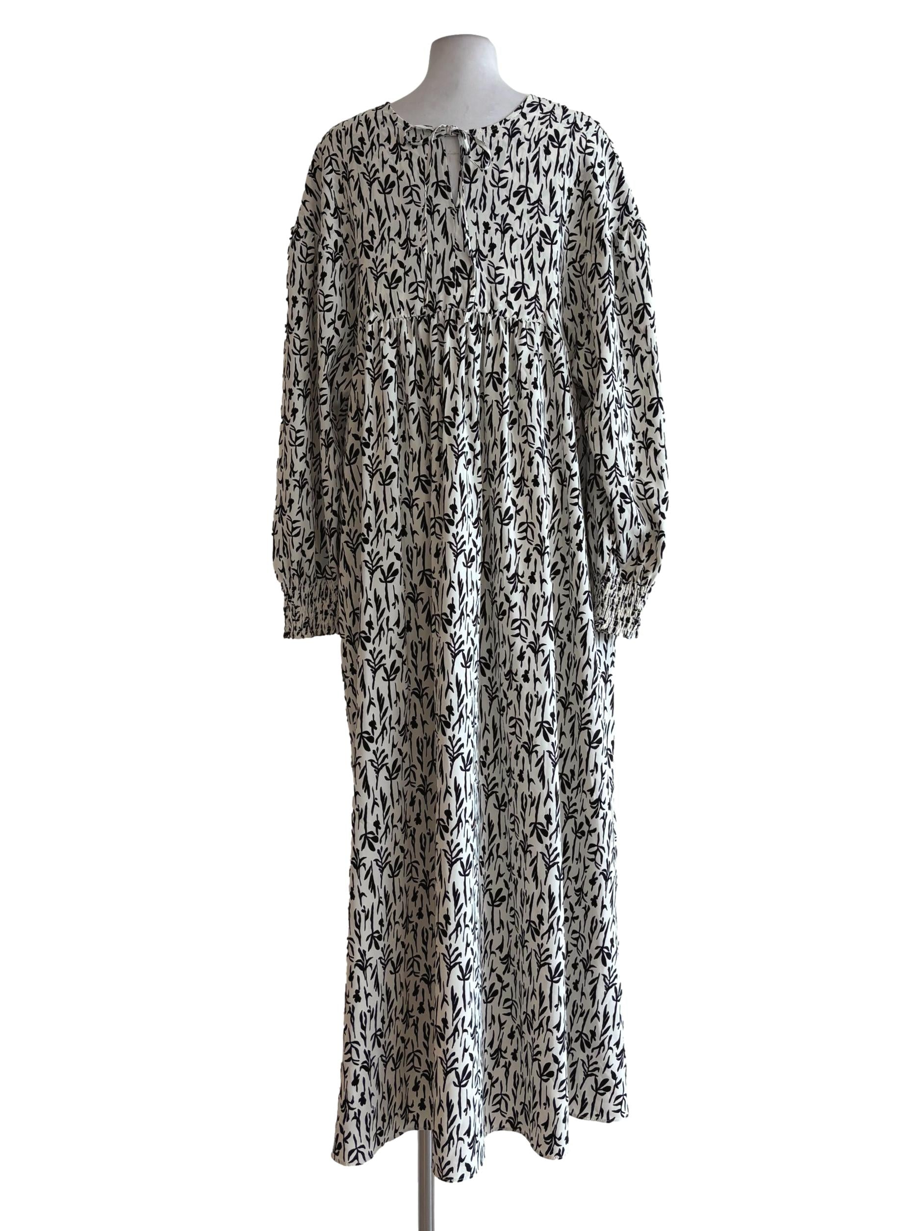 White Long Sleeve Leaf Print Dress