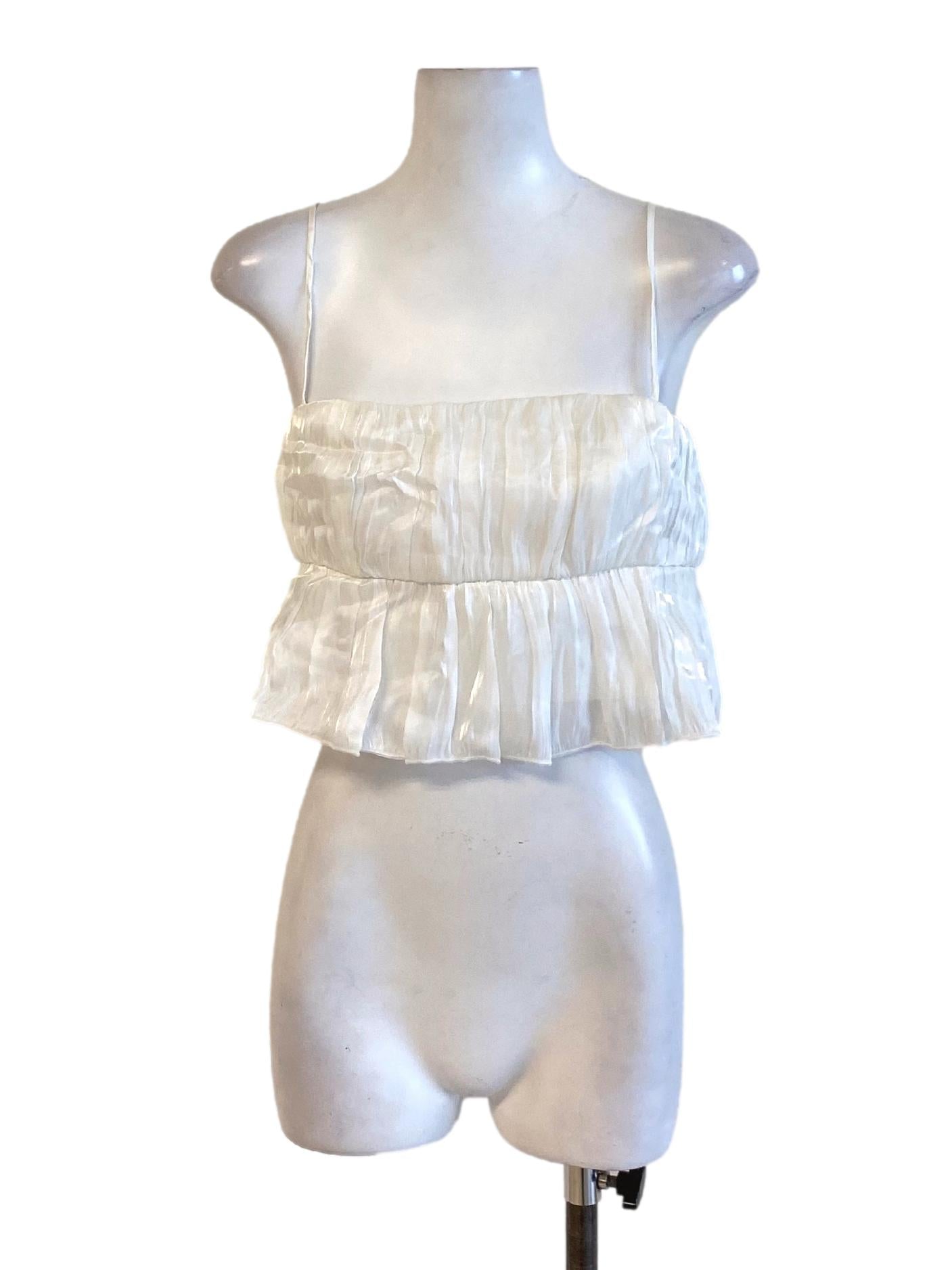 Pure White Wrinkled Spaghetti Strap Peplum Cropped Top