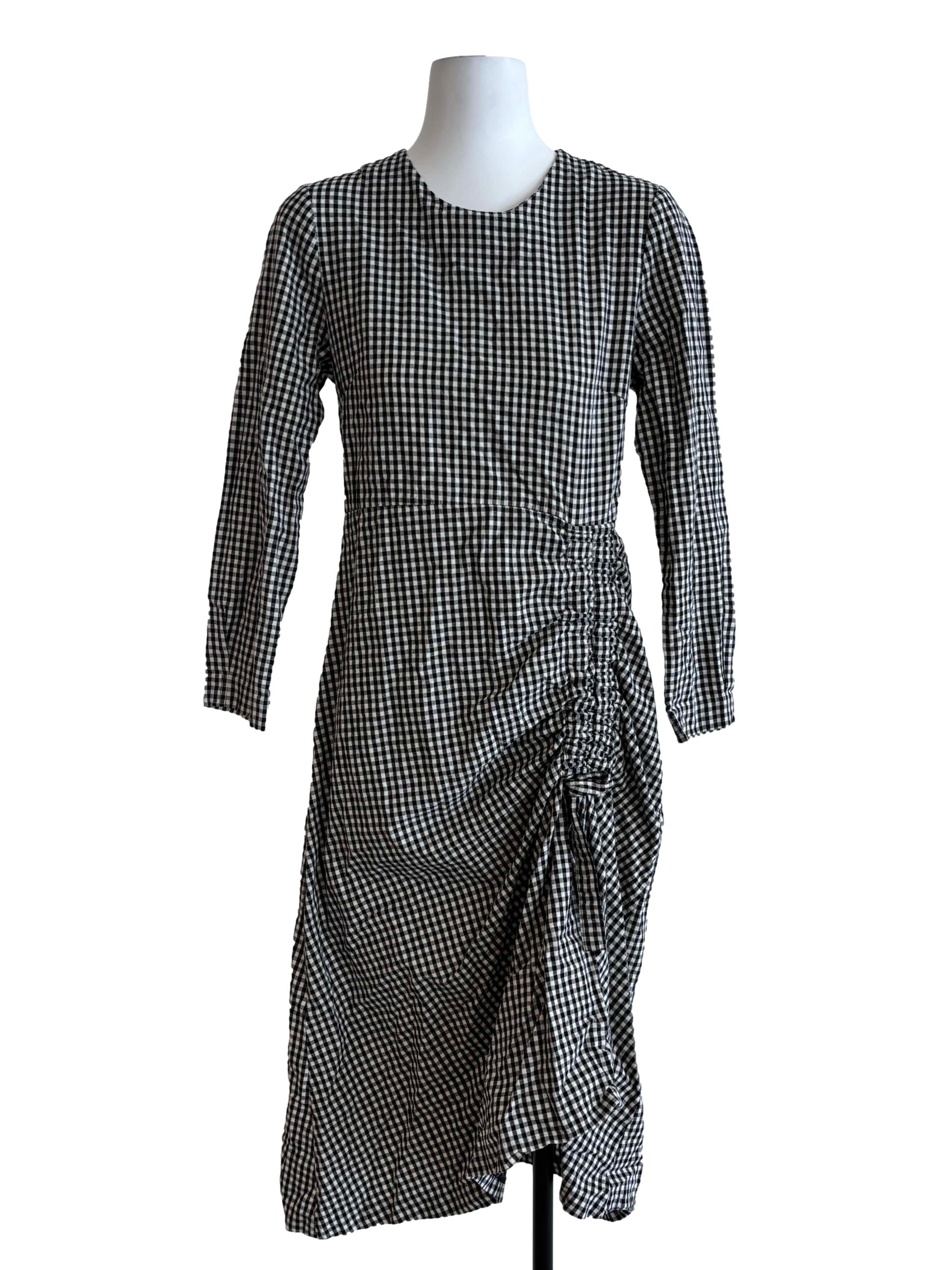 Black And White Ruched Gingham Dress