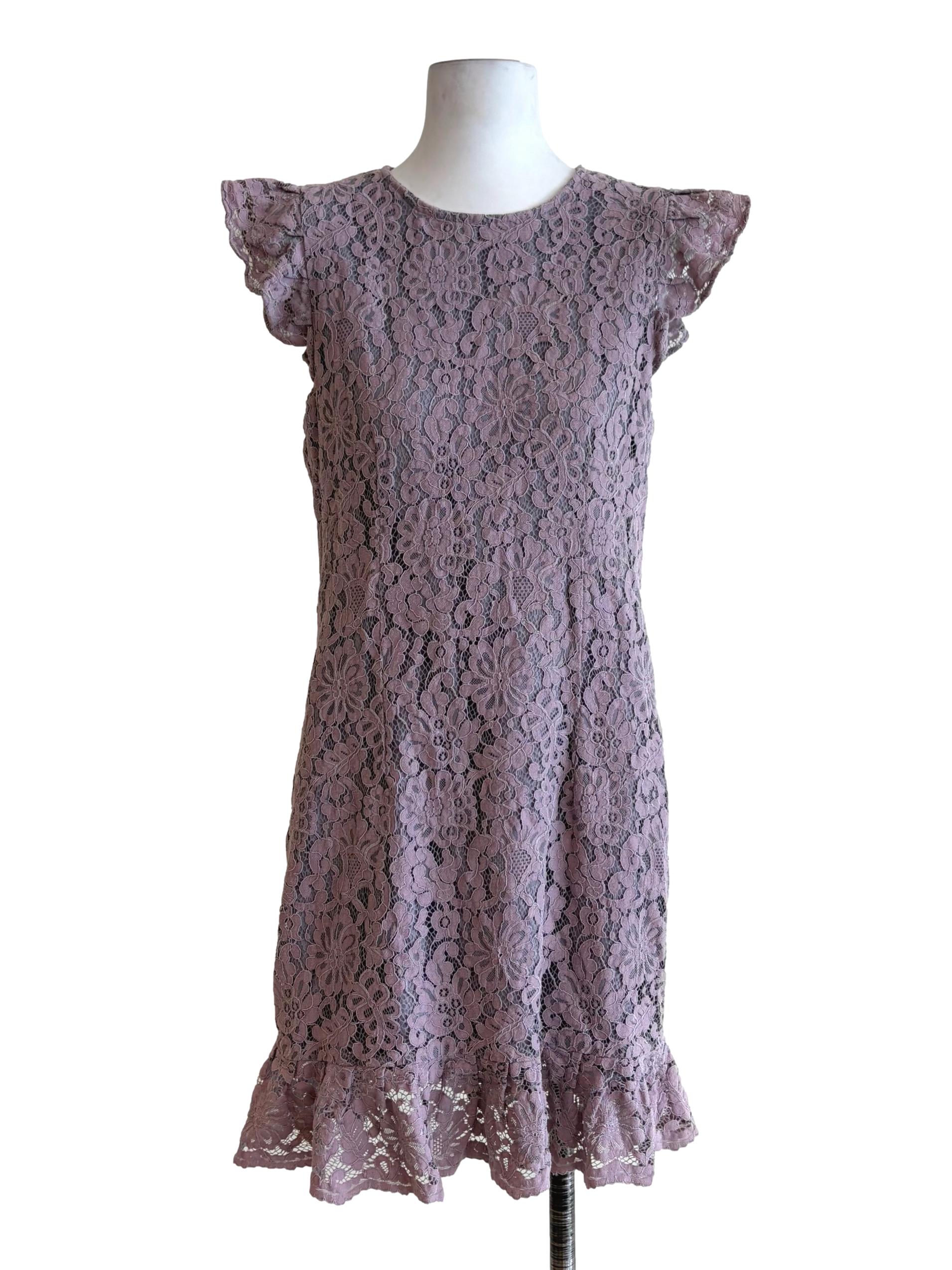 Lavender Purple Lace Flutter Sleeve Shift Dress