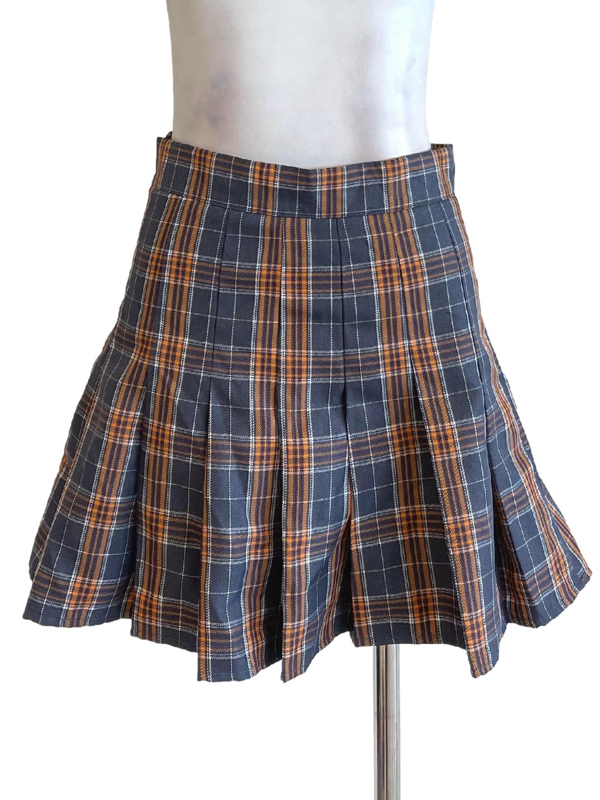 Orange Grey Plaid Box Pleated Mini Skirt YHF