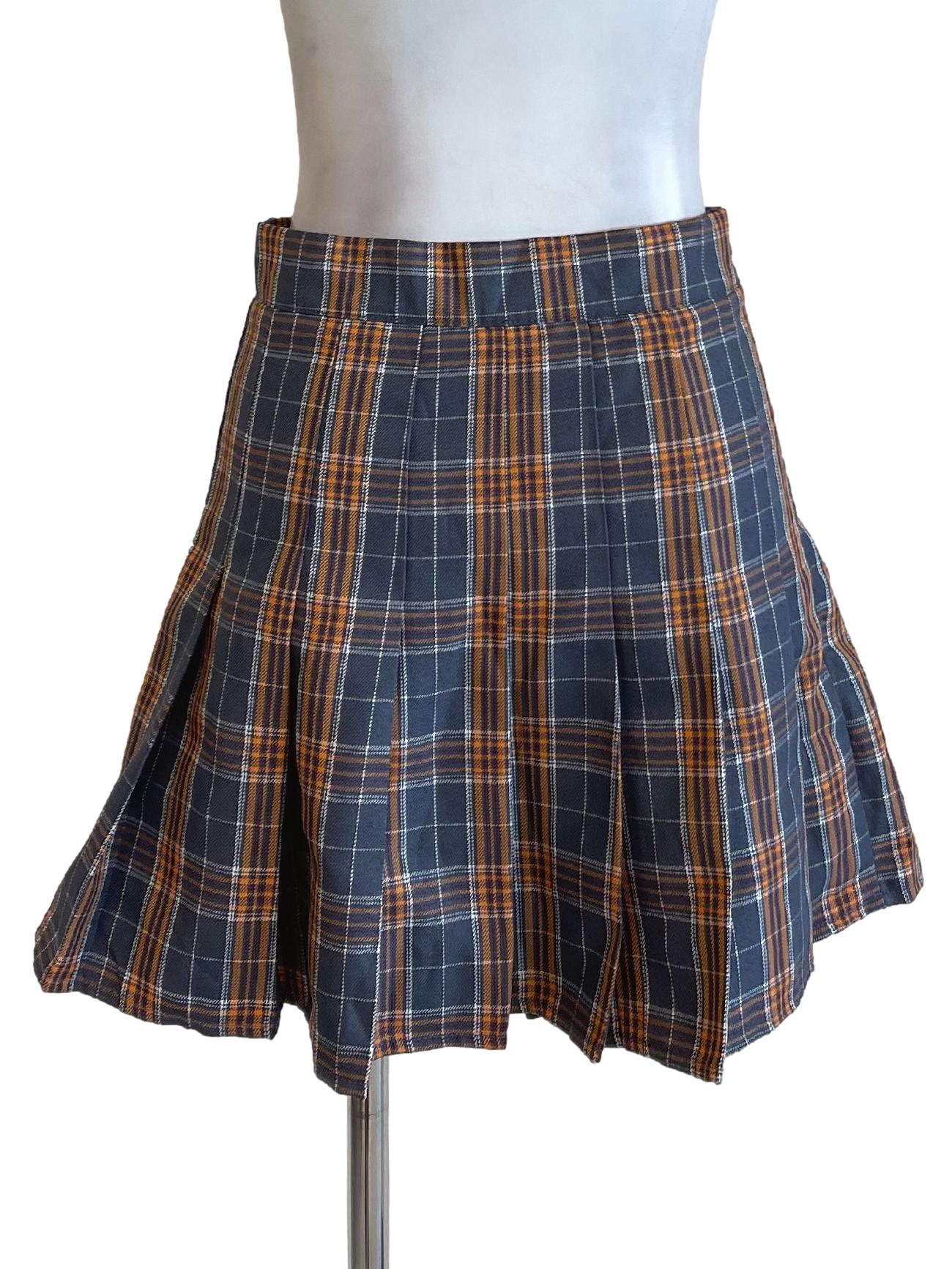 Orange Grey Plaid Box Pleated Mini Skirt YHF