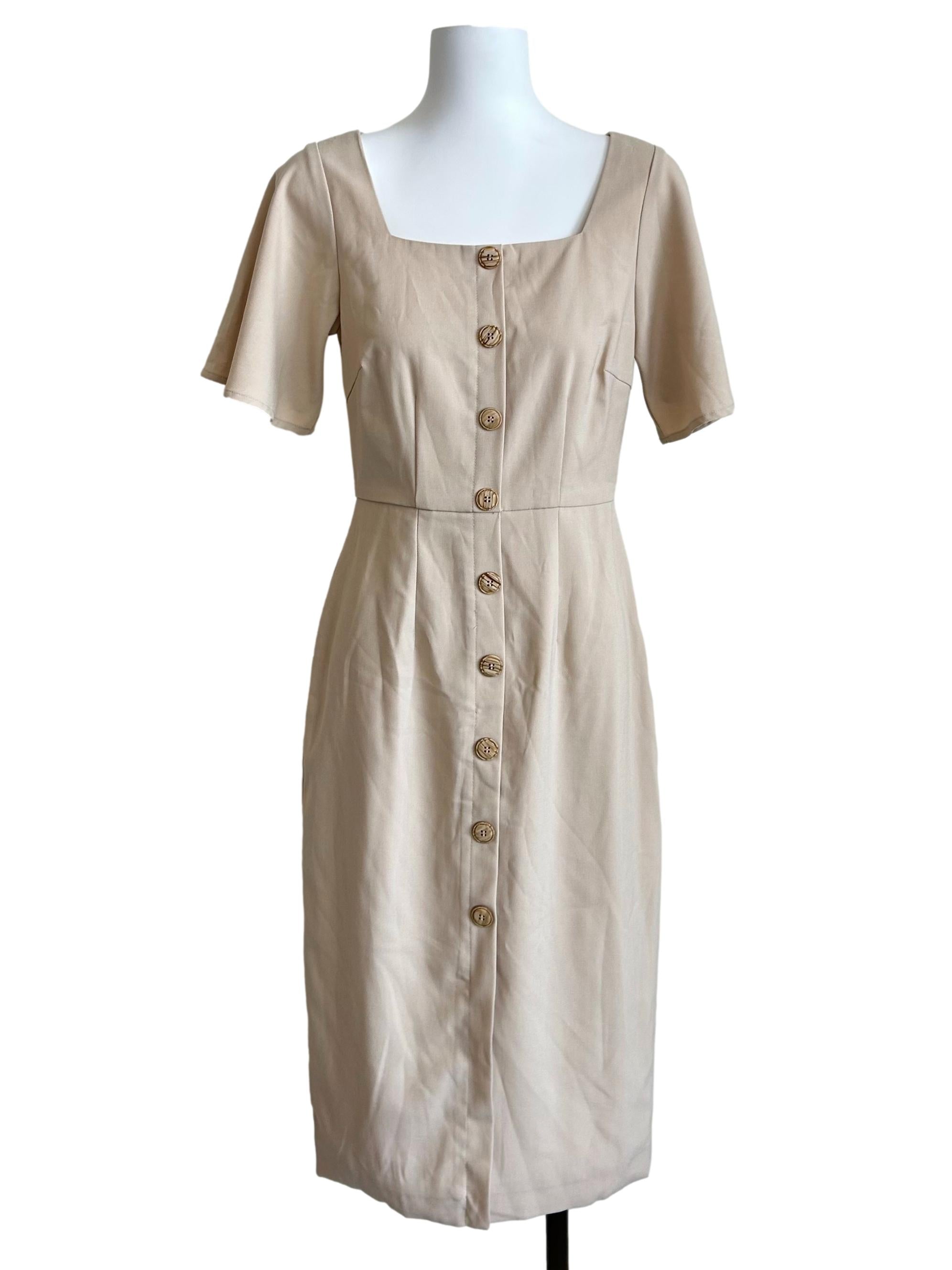 Beige Square-Neck Button-Front Midi Dress