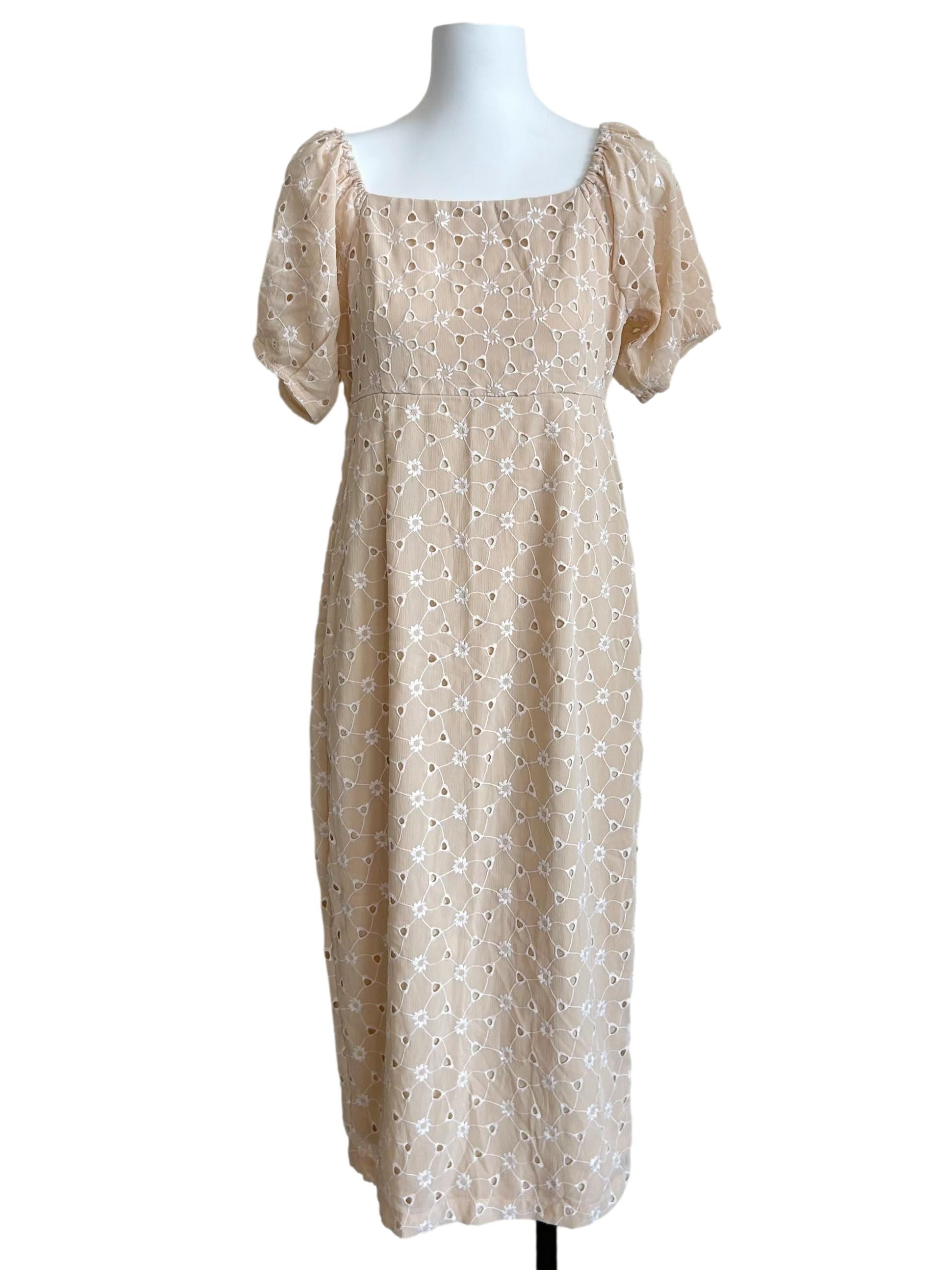 Cream Eyelet Lace Puff-Sleeve Midi Dress