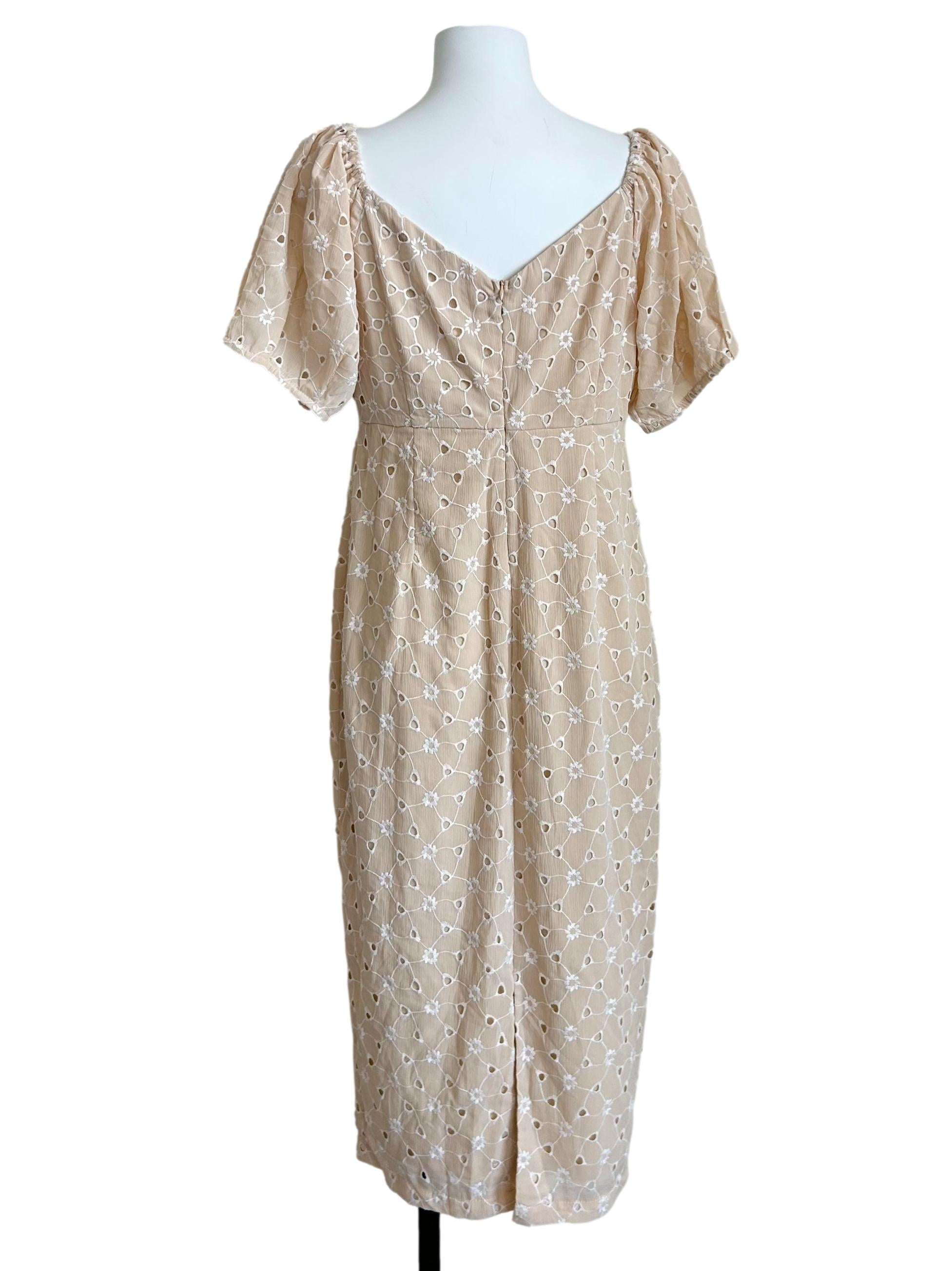 Cream Eyelet Lace Puff-Sleeve Midi Dress