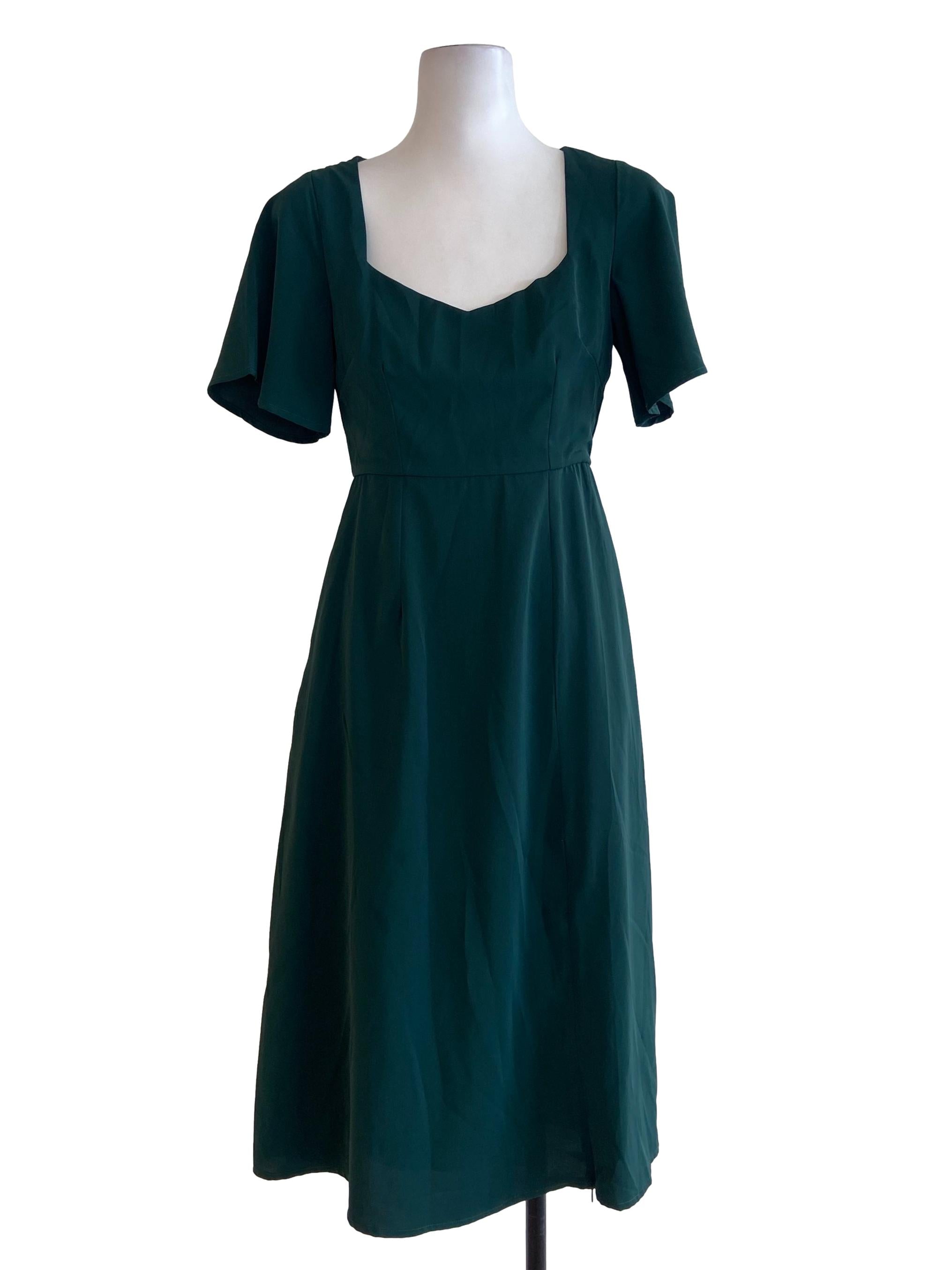 Pine Green Square Neck Slit A-Line Dress