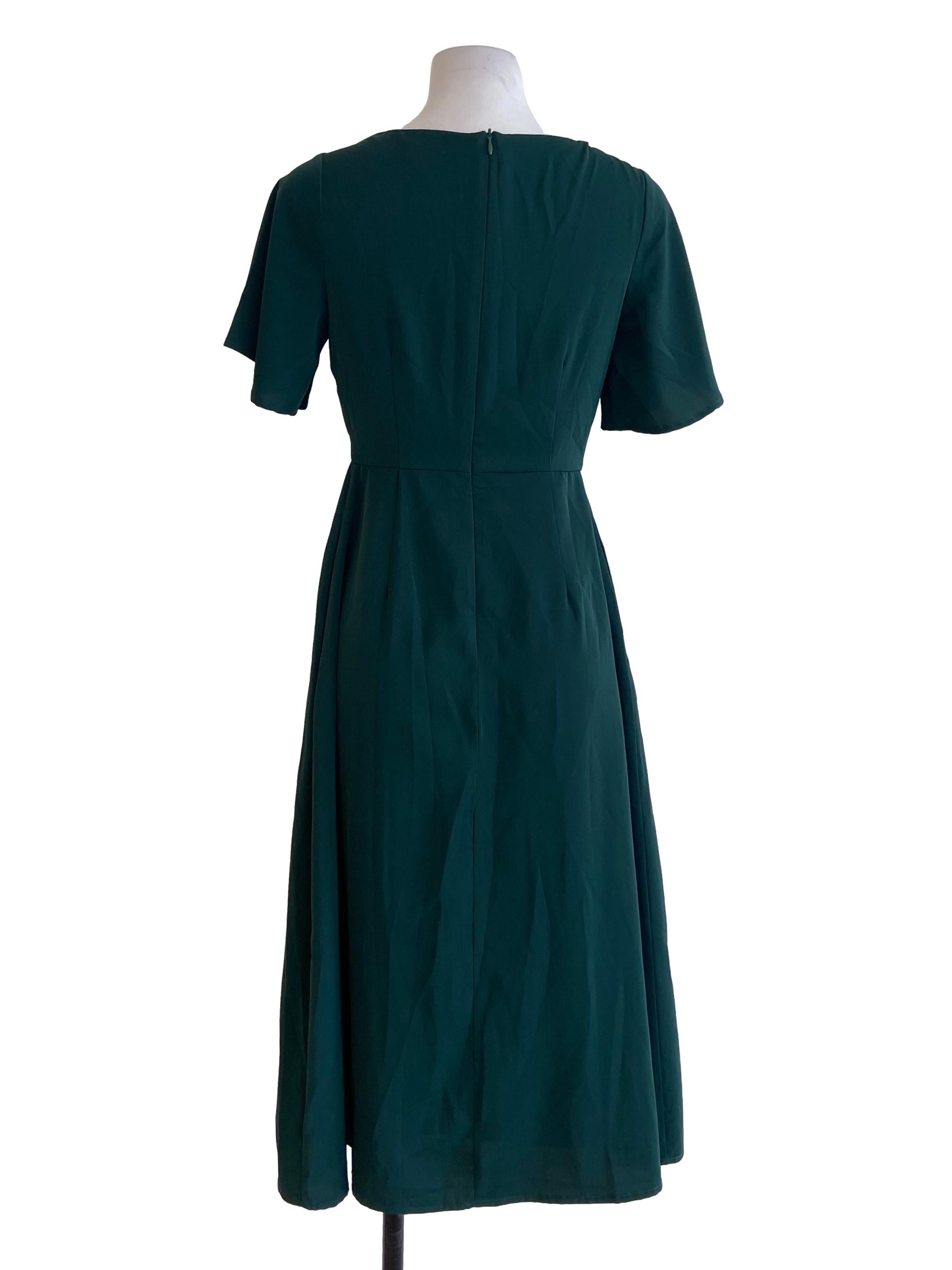 Pine Green Square Neck Slit A-Line Dress