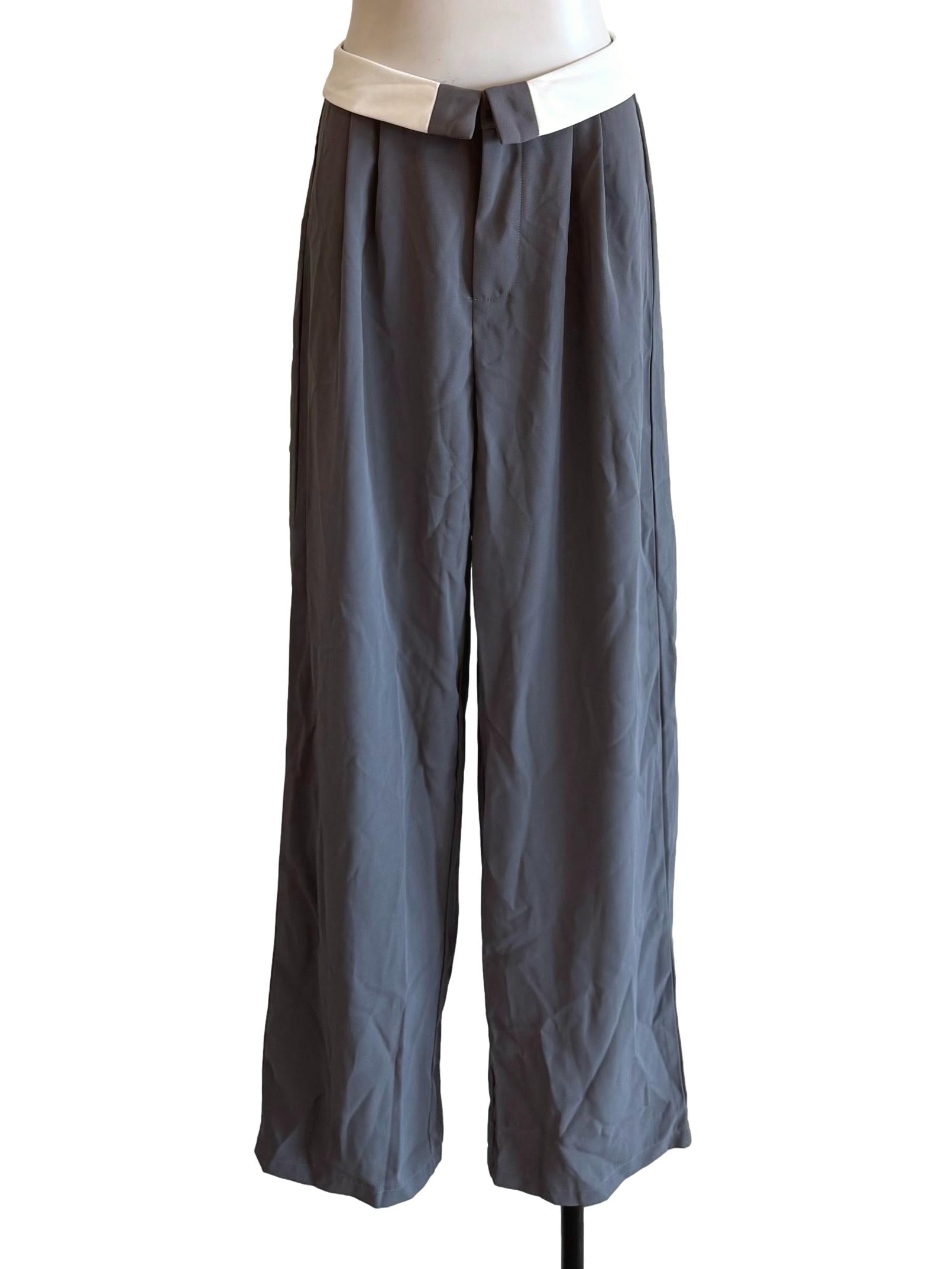 Grey Folded Waist Formal Pants