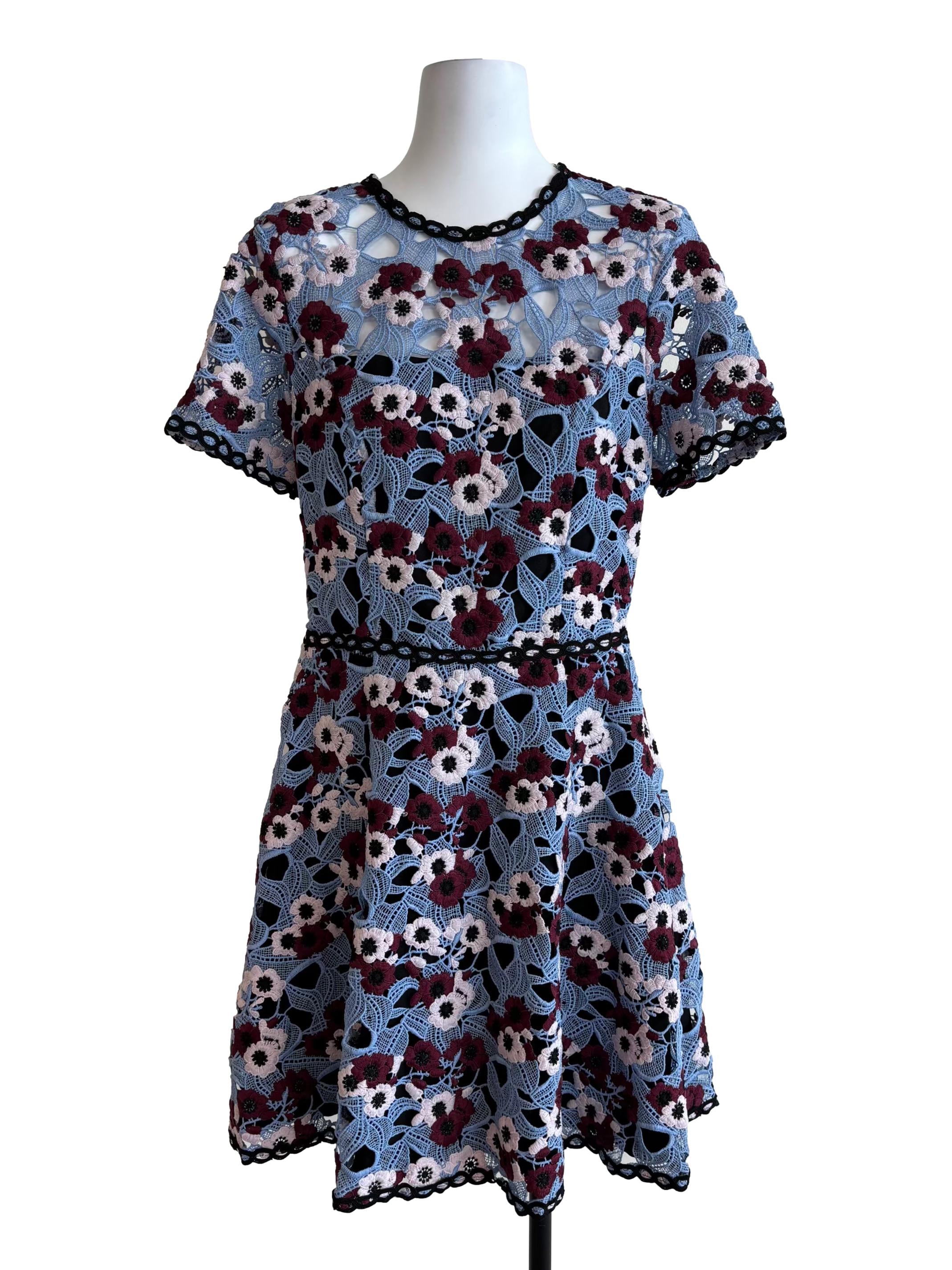 Sky Blue Red Floral Knit Lace Dress