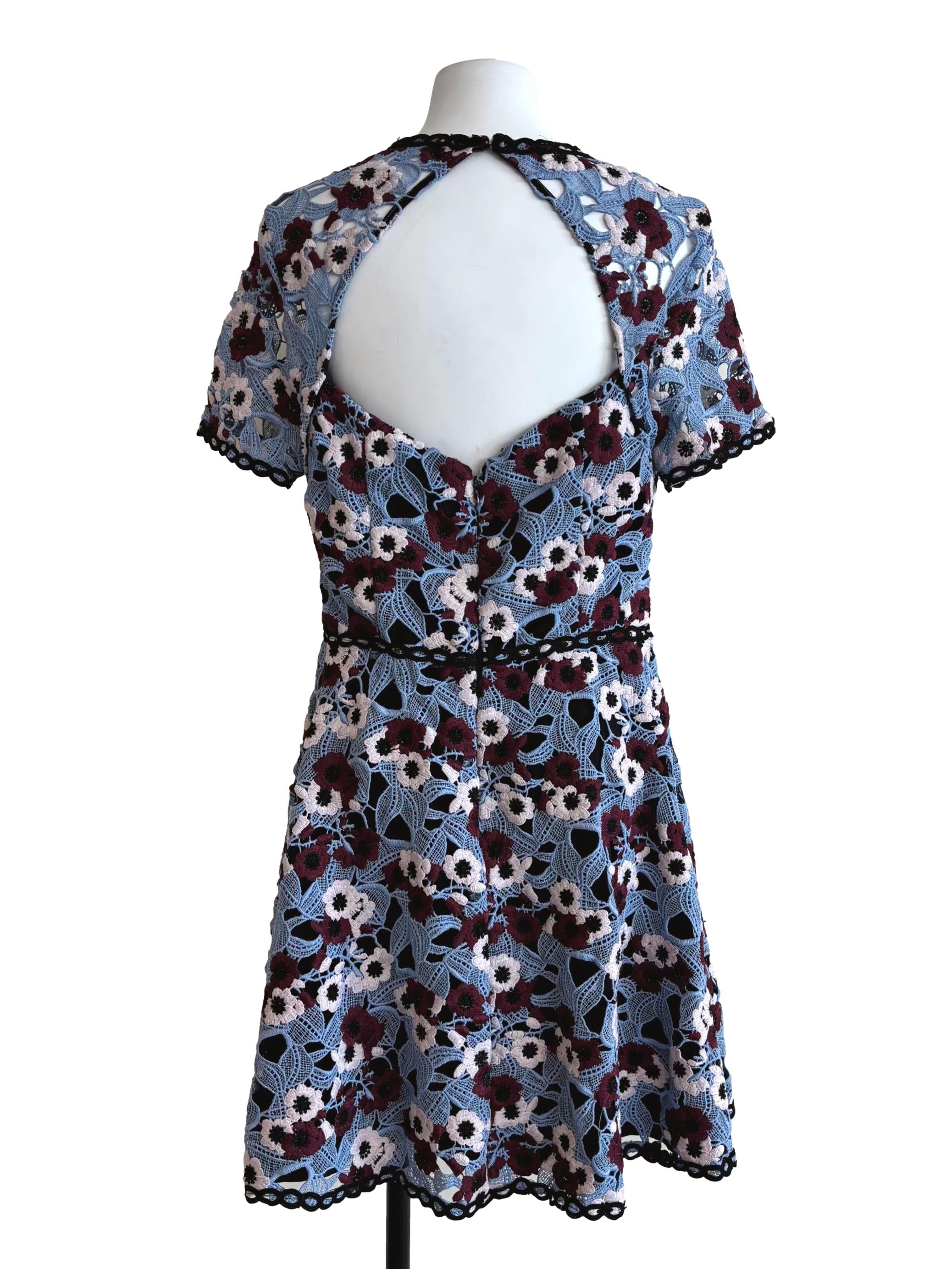 Sky Blue Red Floral Knit Lace Dress