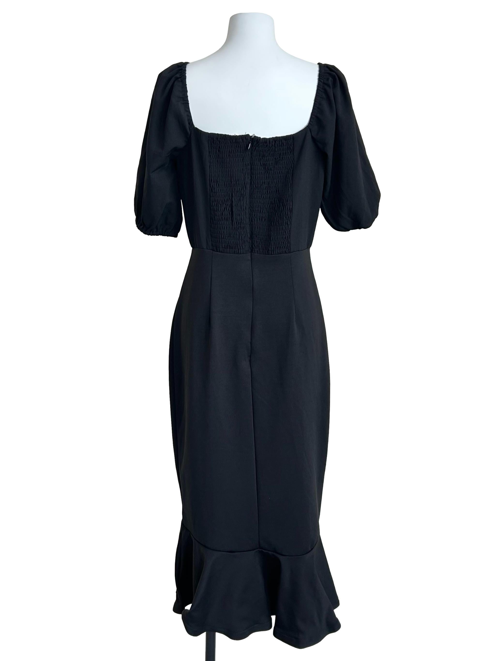 Black Square-Neck Flutter-Sleeve Midi Dress