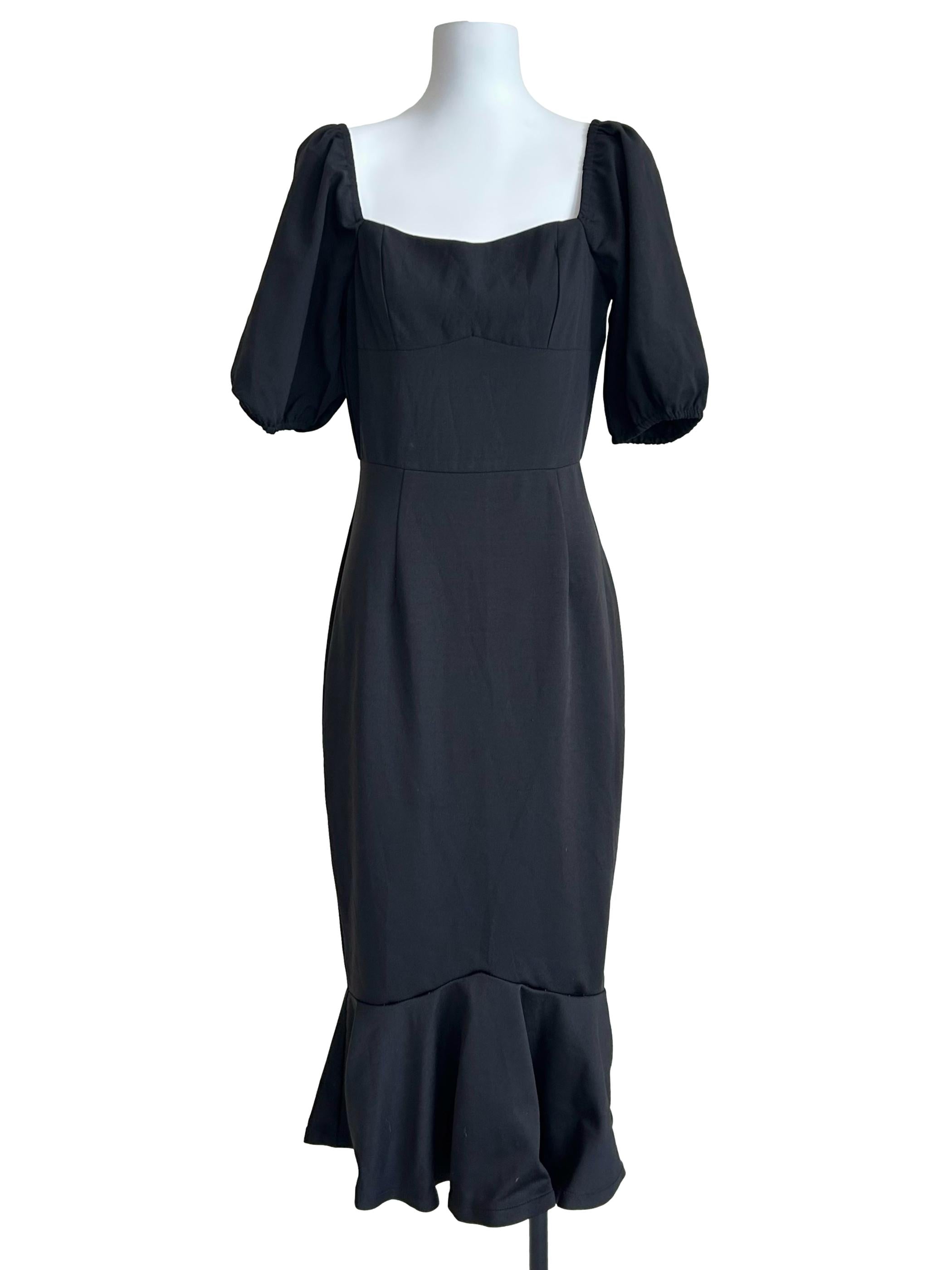 Black Square-Neck Flutter-Sleeve Midi Dress